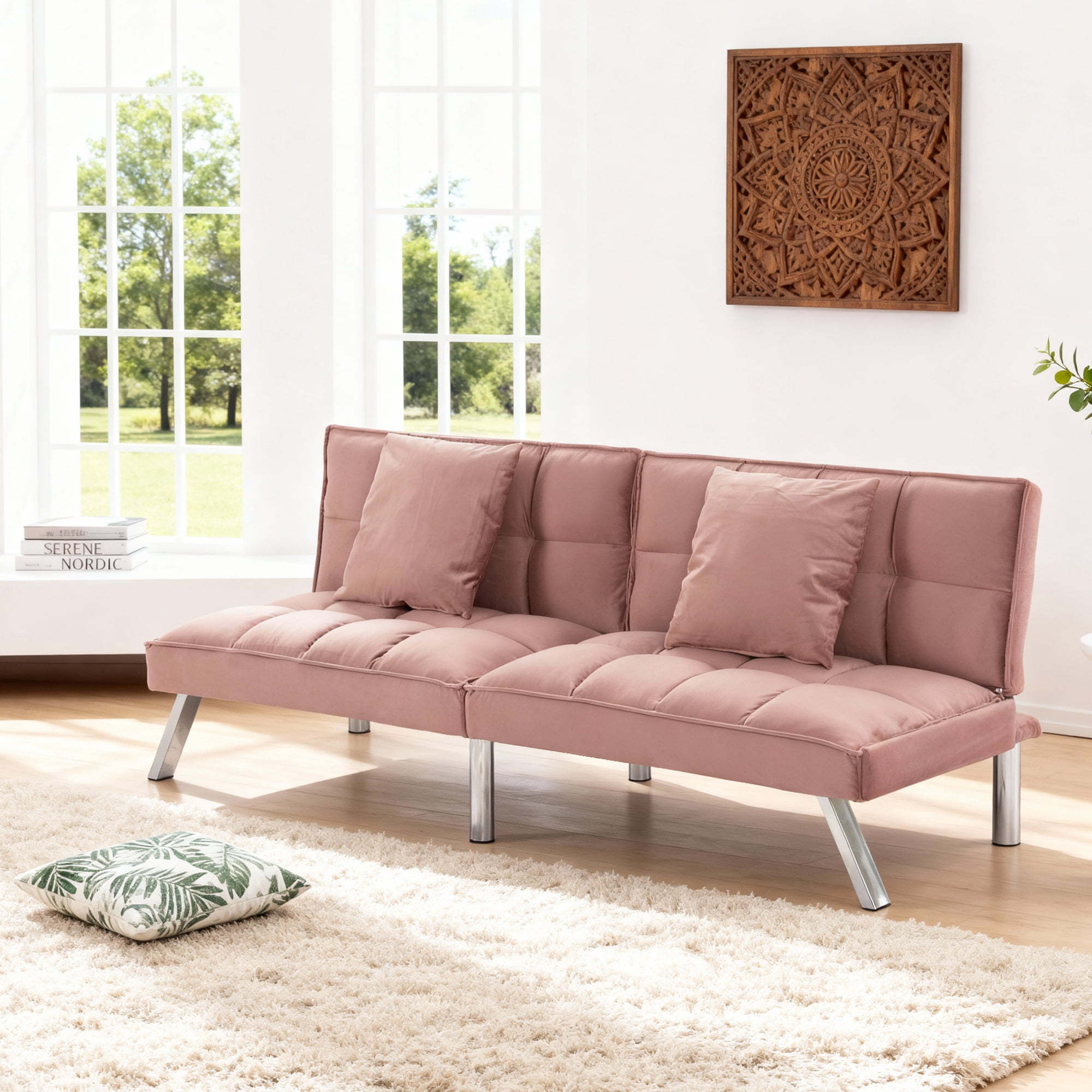 Gewnee 73 inches Futon Sofa Bed,Modern Reclining Futon Loveseat Couch Sleeper Sofa with 2 Pillows Sleeper Sofa for Living Room or Bedroom（Pink)