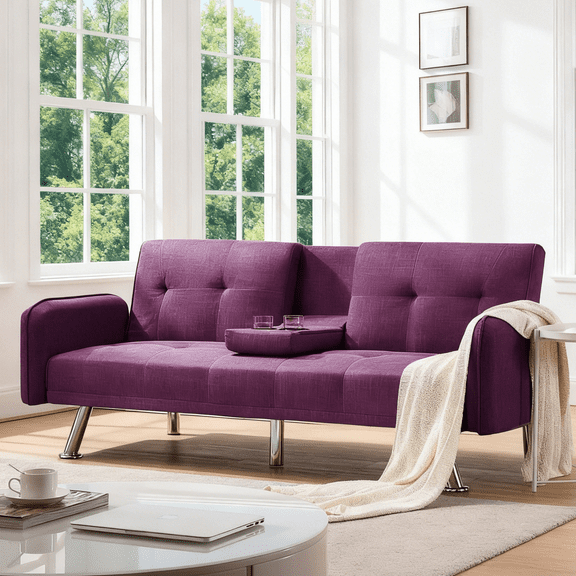 Gewnee 74.4” Futon Sofa Bed with 3-Angle Adjustable Backrest & Cup Holders,Twin Sleeper Sofa with for Home,Office,Guest Room(Purple）