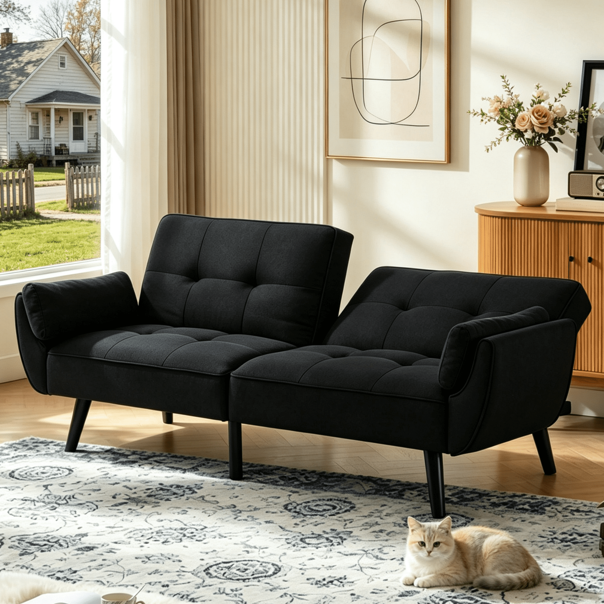 Gewnee 74.8”Convertible Futon Sofa Bed,Tufted Sleeper Couch with 3-Angle Adjustable Split Back,Upholstered Loveseat for Small Spaces & Guest Rooms.Black