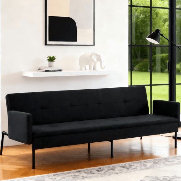 Gewnee 74.8" Modern Futon Sofa Bed with 5-Position Adjustable Backrest,All Iron Frame - Sleeper for Small Space,Living Room,Apartment,Dorm.Black