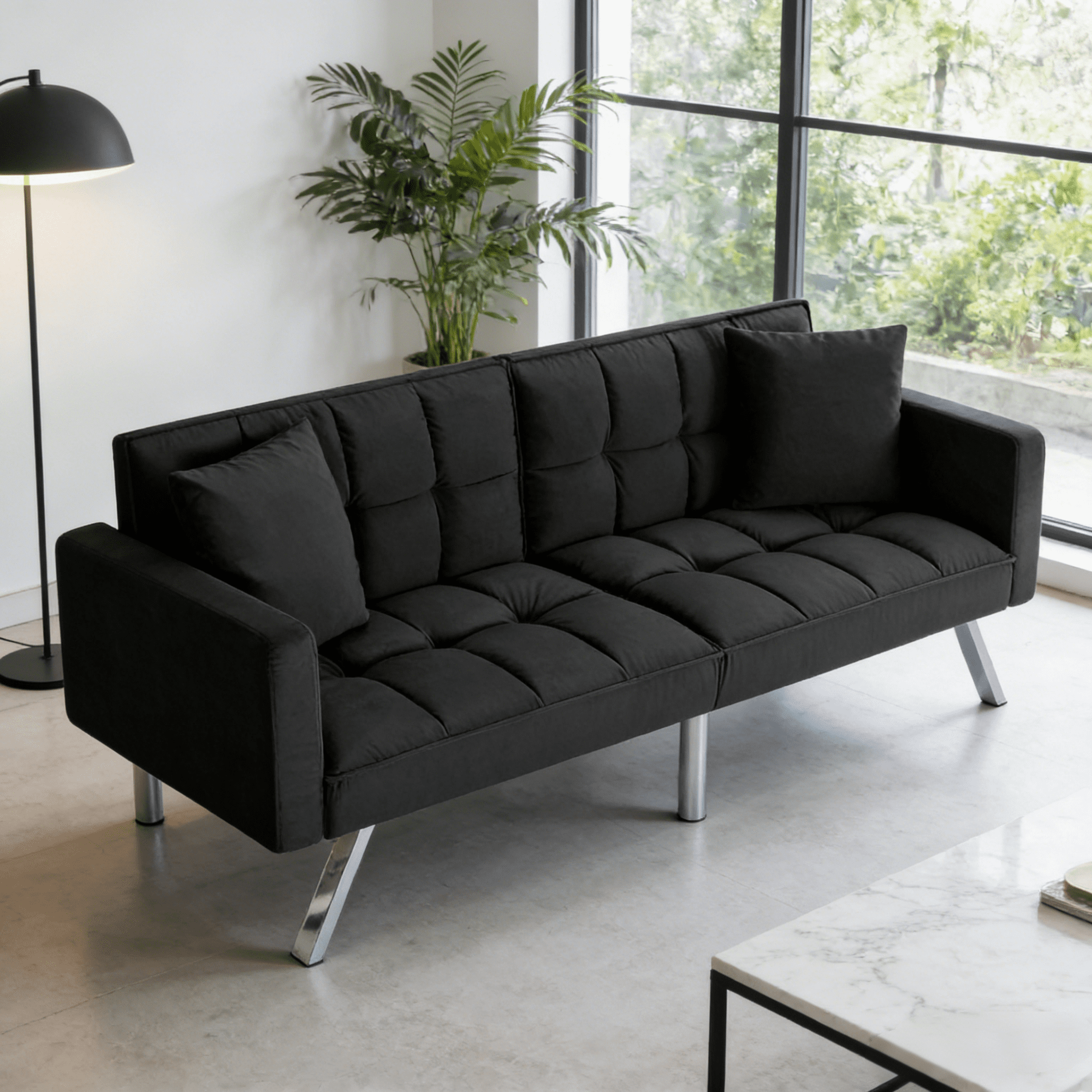 Gewnee 74"Velvet Upholstered Modern Convertible Futon, Adjustable Folding Sofa Bed, Guest Bed for Living Room,Bedroom,Apartment (Black)