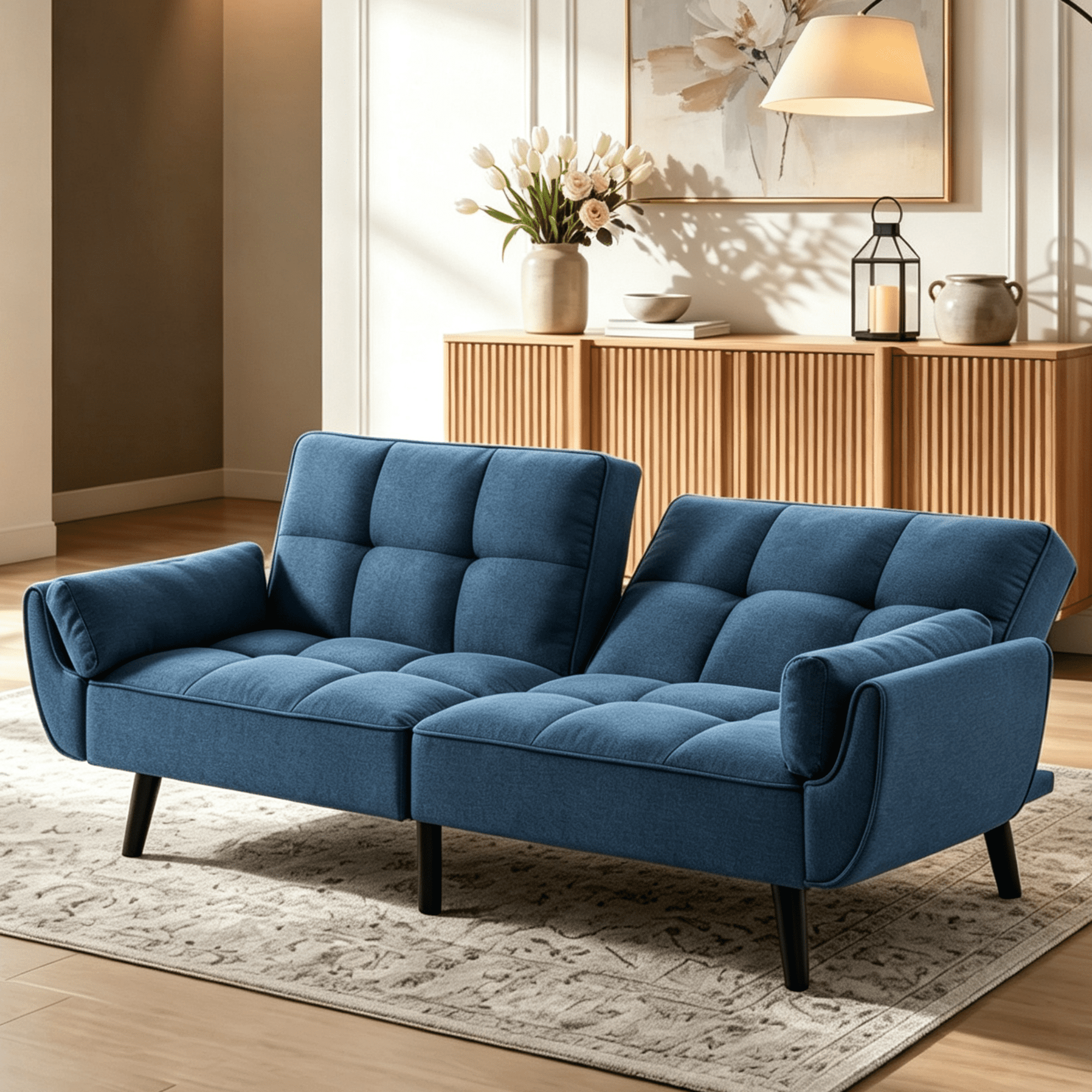Gewnee 75.2”Convertible Futon Sofa Bed,Tufted Sleeper Couch with 3-Angle Adjustable Split Back,Upholstered Loveseat for Small Spaces & Guest Rooms.Dark Blue