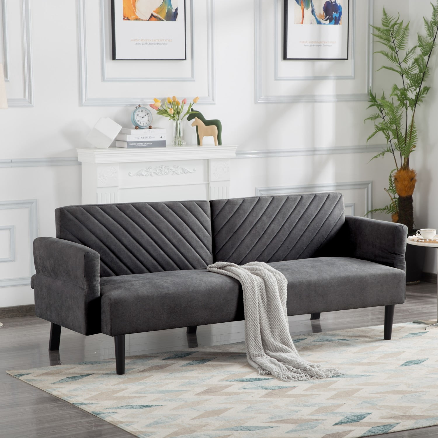 Gewnee Futon Sofa Bed, 76.8" Futon Couch with Adjustable Backrest, Removable Armrest for Extended Length, Mid Century Modern Loveseat for Living Room,Bedroom,Office