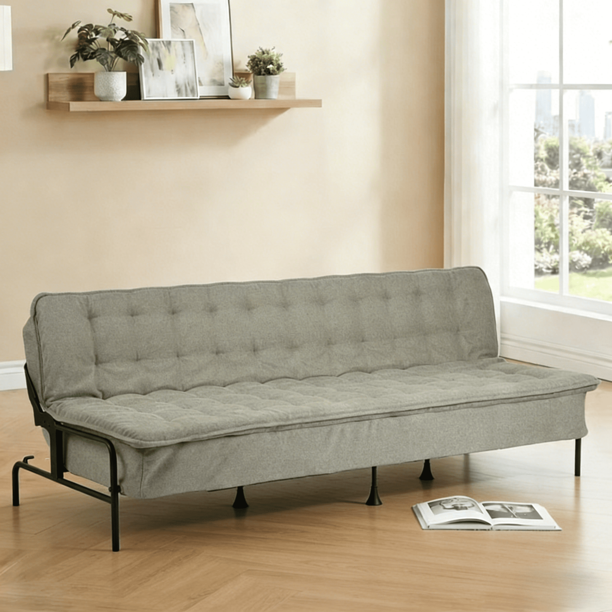 Gewnee 76 Inches Linen Futon Sofa Bed,Modern Convertible Futon Couch with 3 Adjustable Backrest Angles,Suitable for Apartment,Living Room,Small Space,Gray