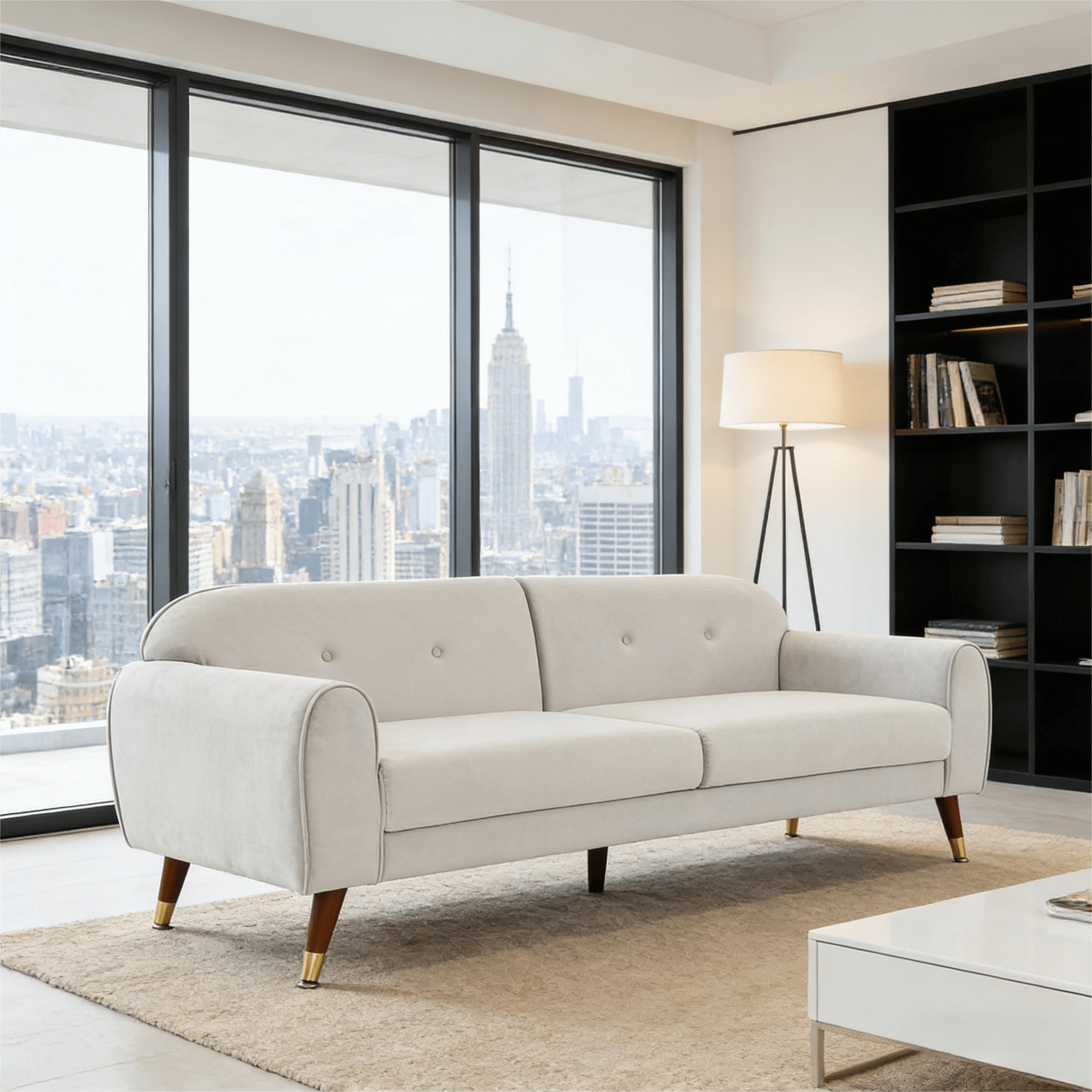 Gewnee 76" Velvet Modern Sofa with Curved Arch Back,Button Tufting and Tapered Wood Legs.Suitable for Living Rooms,Apartments.(Beige)