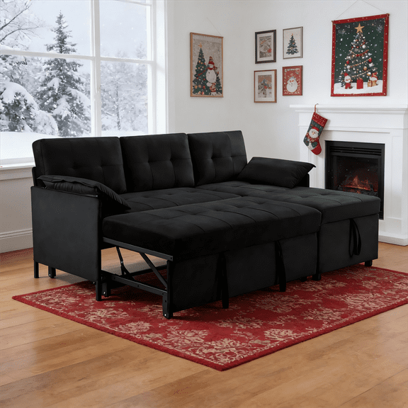 Gewnee 77.6" Reversible L-Shaped Sectional Sleeper Sofa with Storage,Pull-Out 2-in-1 Convertible Sleeper Bed for Living Room,Apartment,Office(Black)