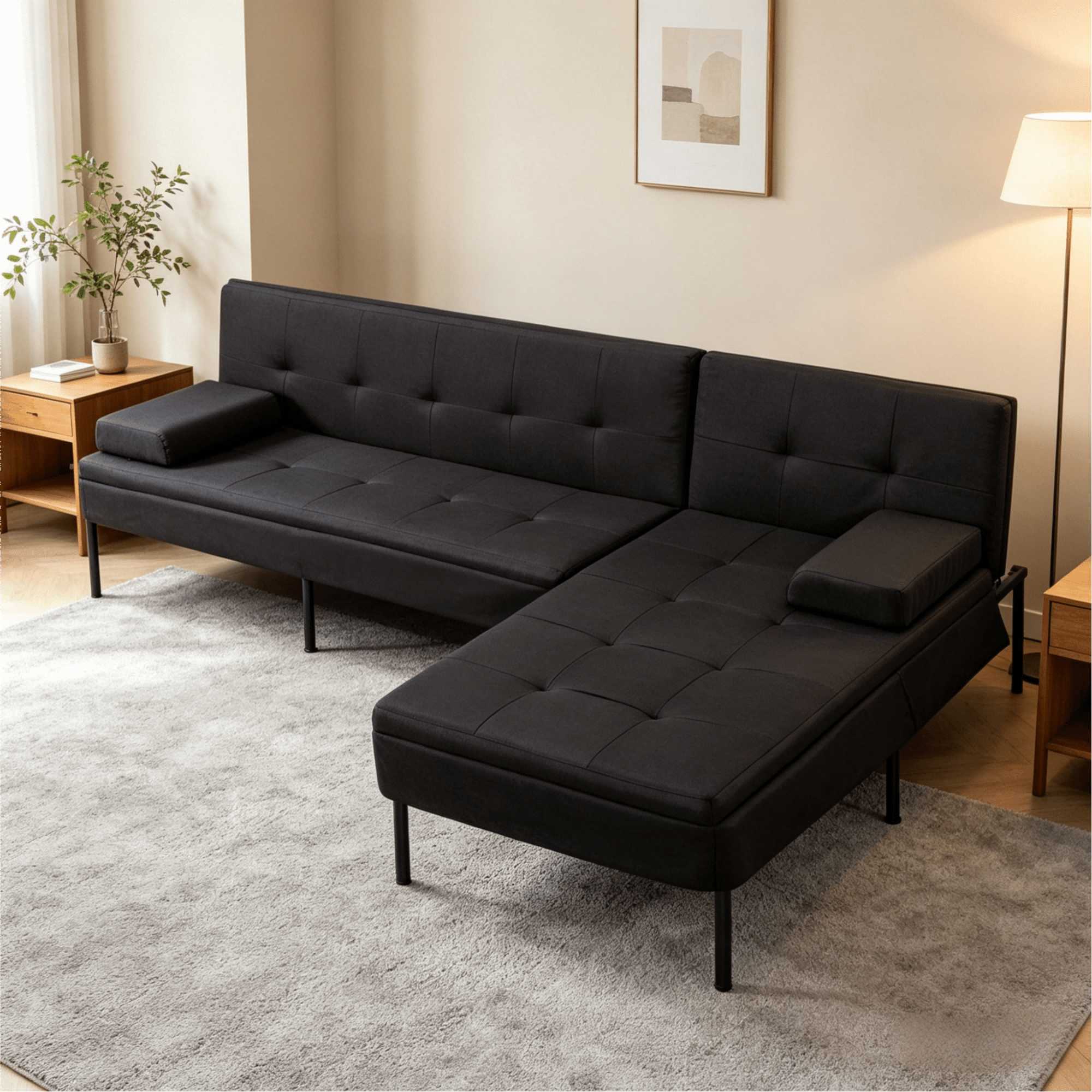 Gewnee 78.7”Convertible Sectional Sofa Bed,L-Shaped Couch with Reversible Chaise (Left or Right),5-Position Adjustable Backrest,Perfect for Living Room,Office,Dorm,Apartment.Black