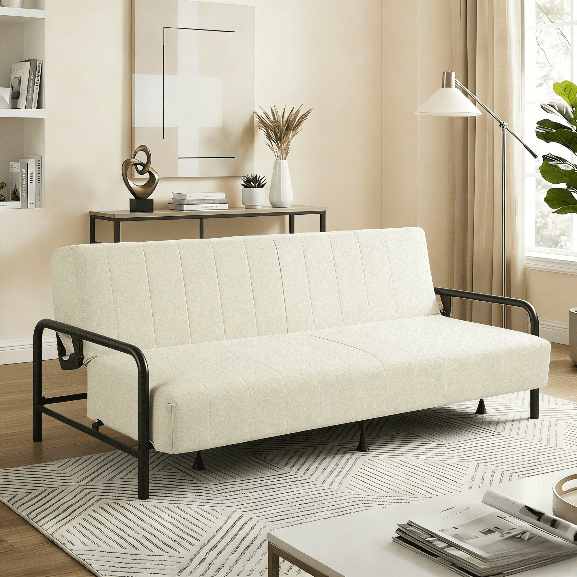 Gewnee 78 Inches Linen Futon Sofa Bed,Modern Convertible Couch with Adjustable Backrest Angles,Suitable for Apartment,Living Room,Small Space,Beige