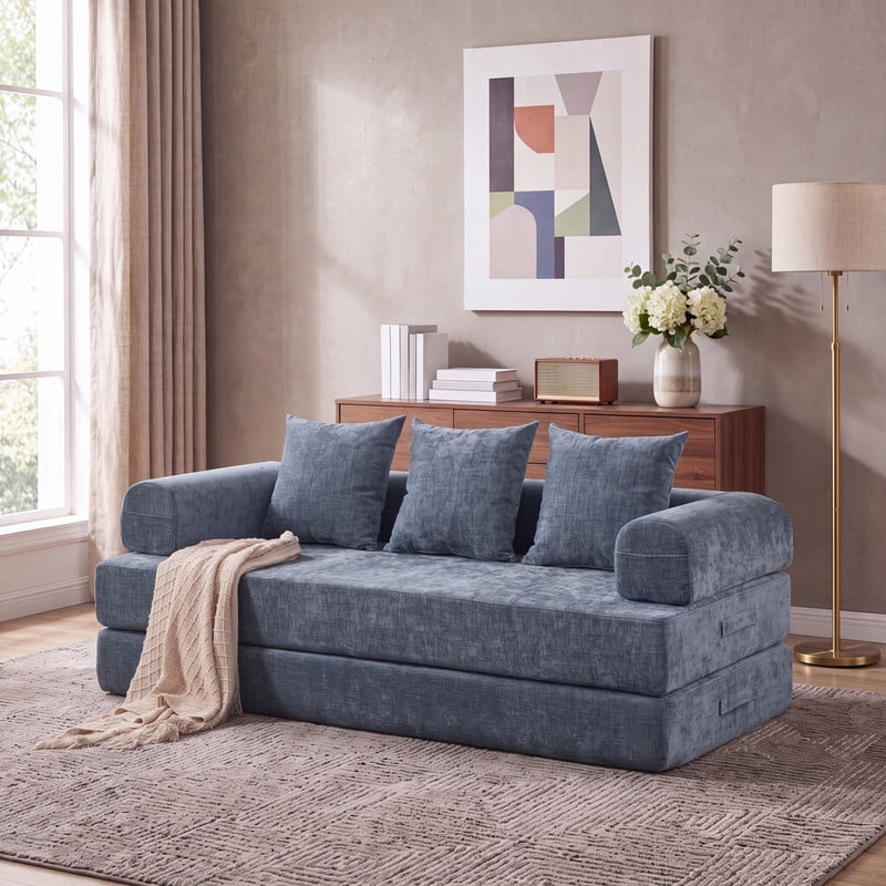 Gewnee 79 Boneless Sofa, Convertible Sofa Bed, Futon Floor Sleeper Sofa Bed with Pillows for Living Room Bedroom, No Assembly Required, Chenille, Blue
