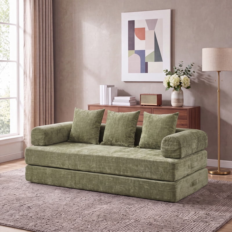 Gewnee 79 Boneless Sofa, Convertible Sofa Bed, Futon Floor Sleeper Sofa Bed with Pillows for Living Room Bedroom, No Assembly Required, Chenille, Green