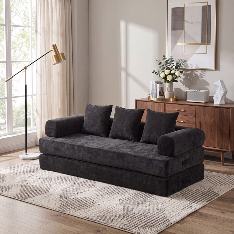 Gewnee 79 Boneless Sofa, Convertible Sofa Bed, Futon Floor Sleeper Sofa Bed with Pillows for Living Room Bedroom, No Assembly Required, Chenille, Classic Black