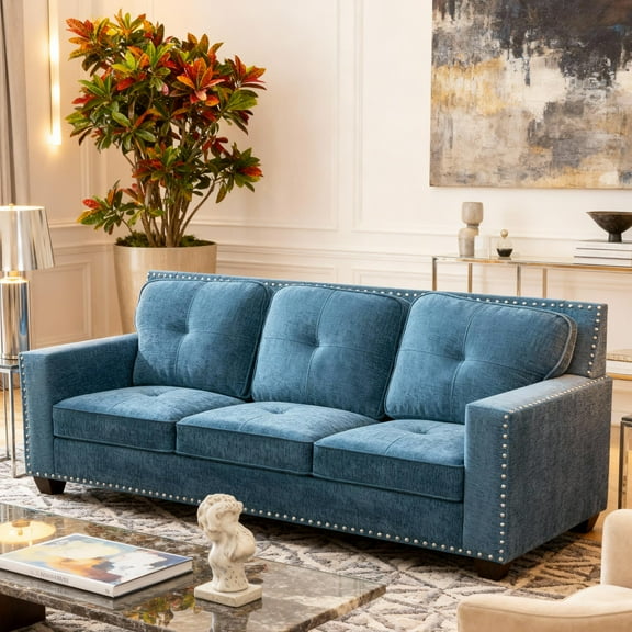 Gewnee 80" Wide Linen Upholstered Sofa Counches with Nailhead Trim for Living Room,Blue