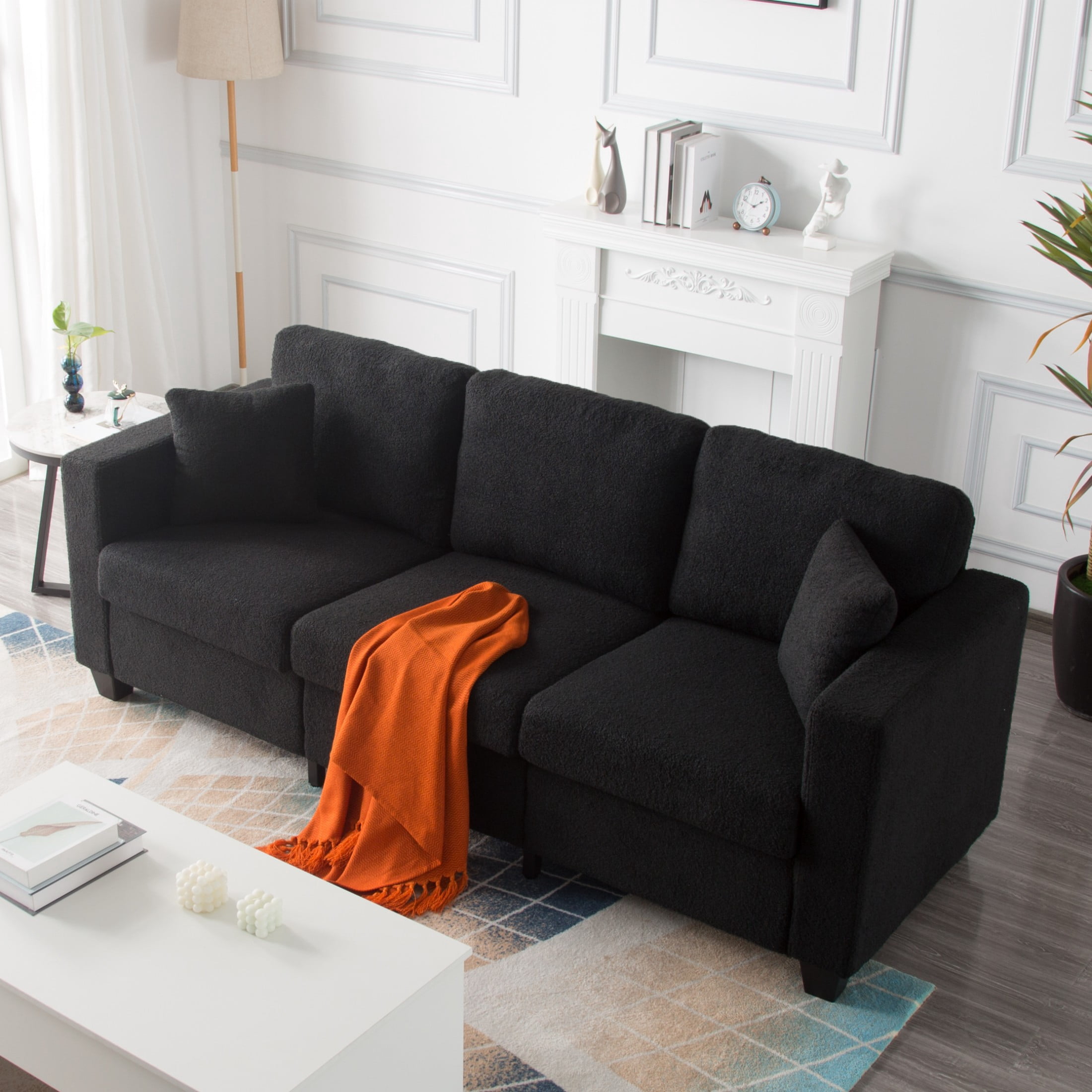 Gewnee 86.5''Modern Teddy Velvet Sofa with 2 Pillows,Extra-Wide Deep Sofa Couch,Suitable for Living Room,Bedroom,Office,Apartment (Black)