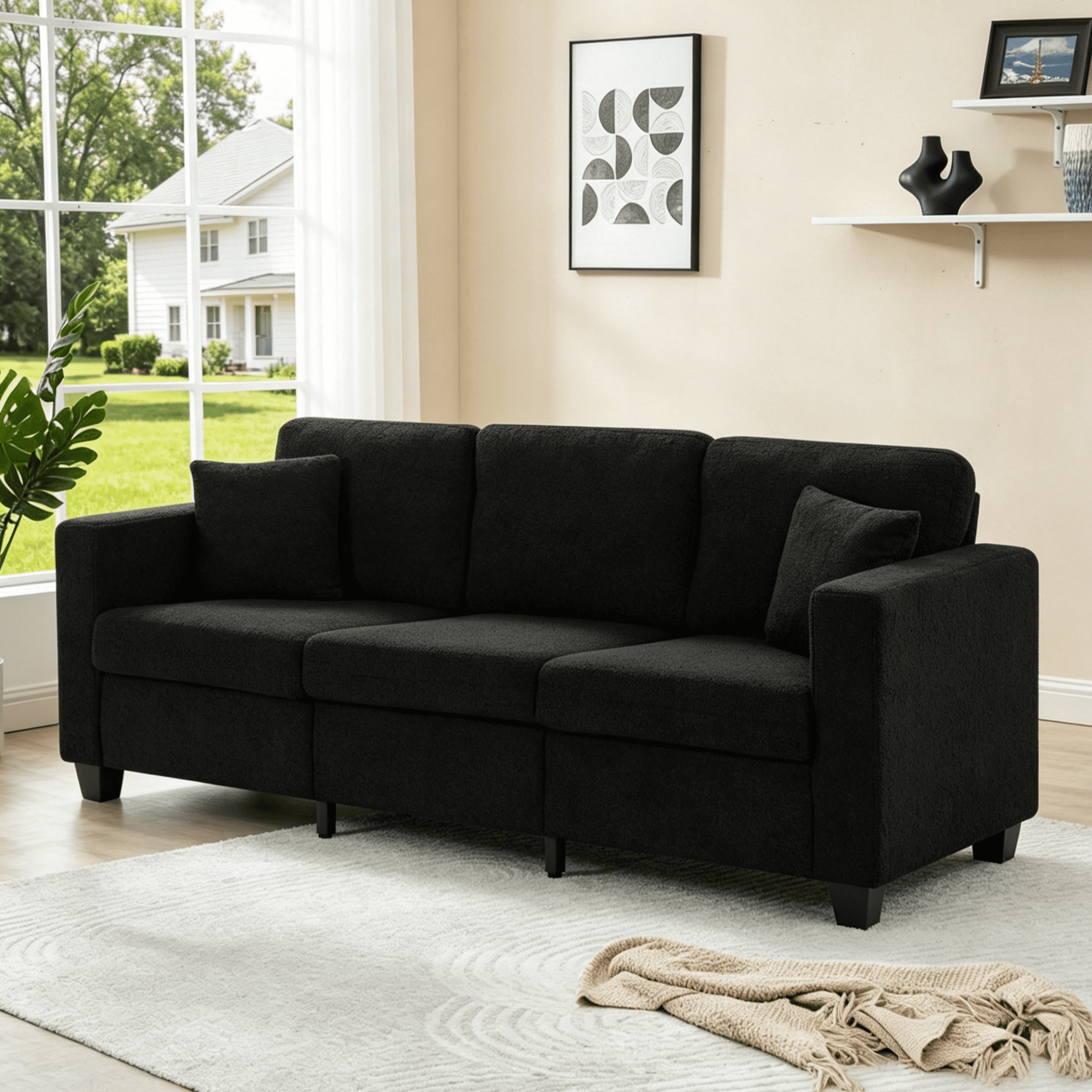Gewnee 86.6”3-Seater Sofa Couch,Teddy Velvet Extra-Wide Deep Sofa Suitable for Living room, Bedroom, Office and Reception Room.Black