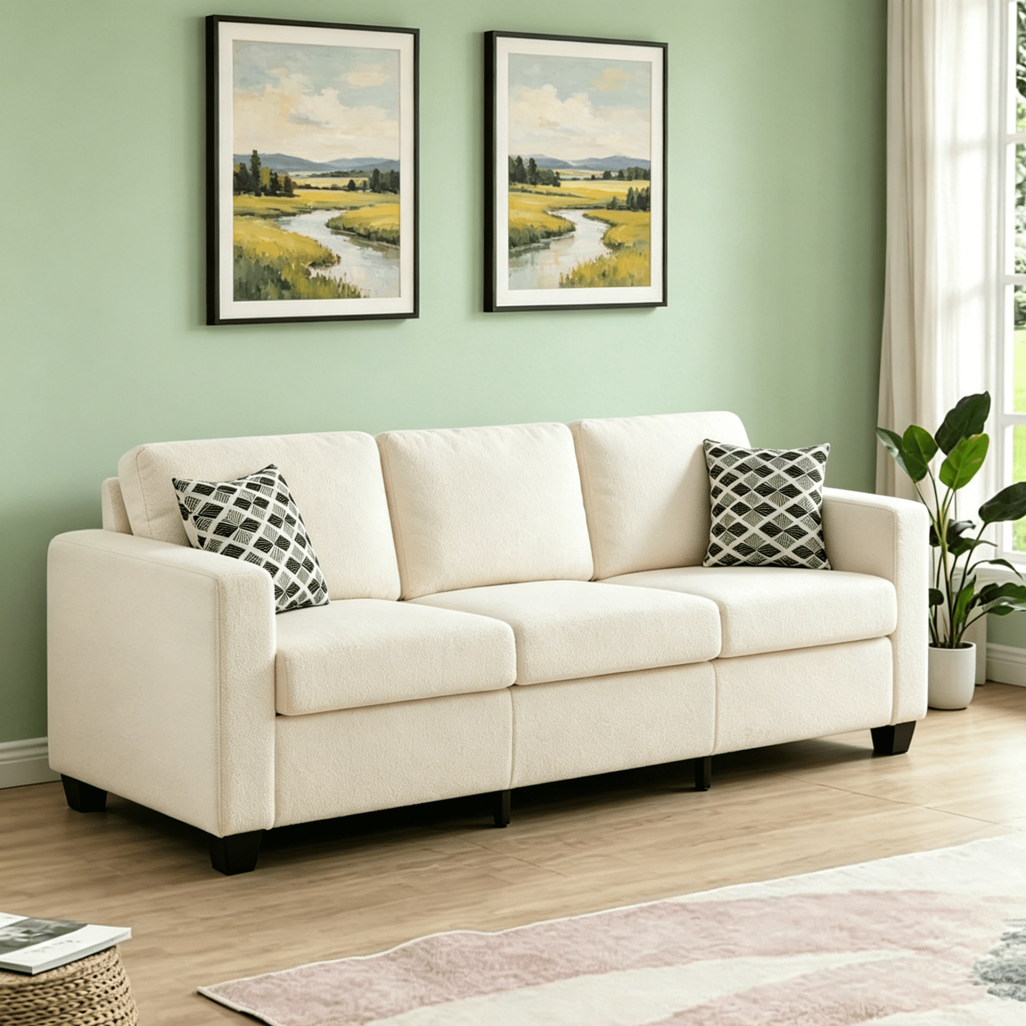 Gewnee 86.6" Modern Sofa Couch,Teddy Velvet 3 Seaters Comfy Couch with Deep Seat for Living Room,2 Pillows,Beige