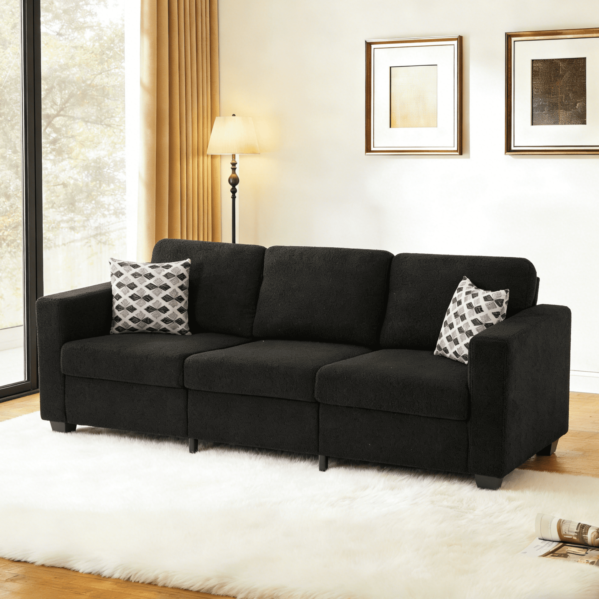 Gewnee 86.6”Teddy Velvet Sofa Couch,Comfy Extra Deep Seat 3 Seater Couches for Living Room with 2 Pillows.Black