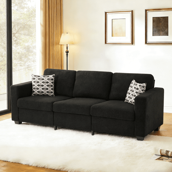 Gewnee 86.6”Teddy Velvet Sofa Couch,Comfy Extra Deep Seat 3 Seater Couches for Living Room with 2 Pillows.Black