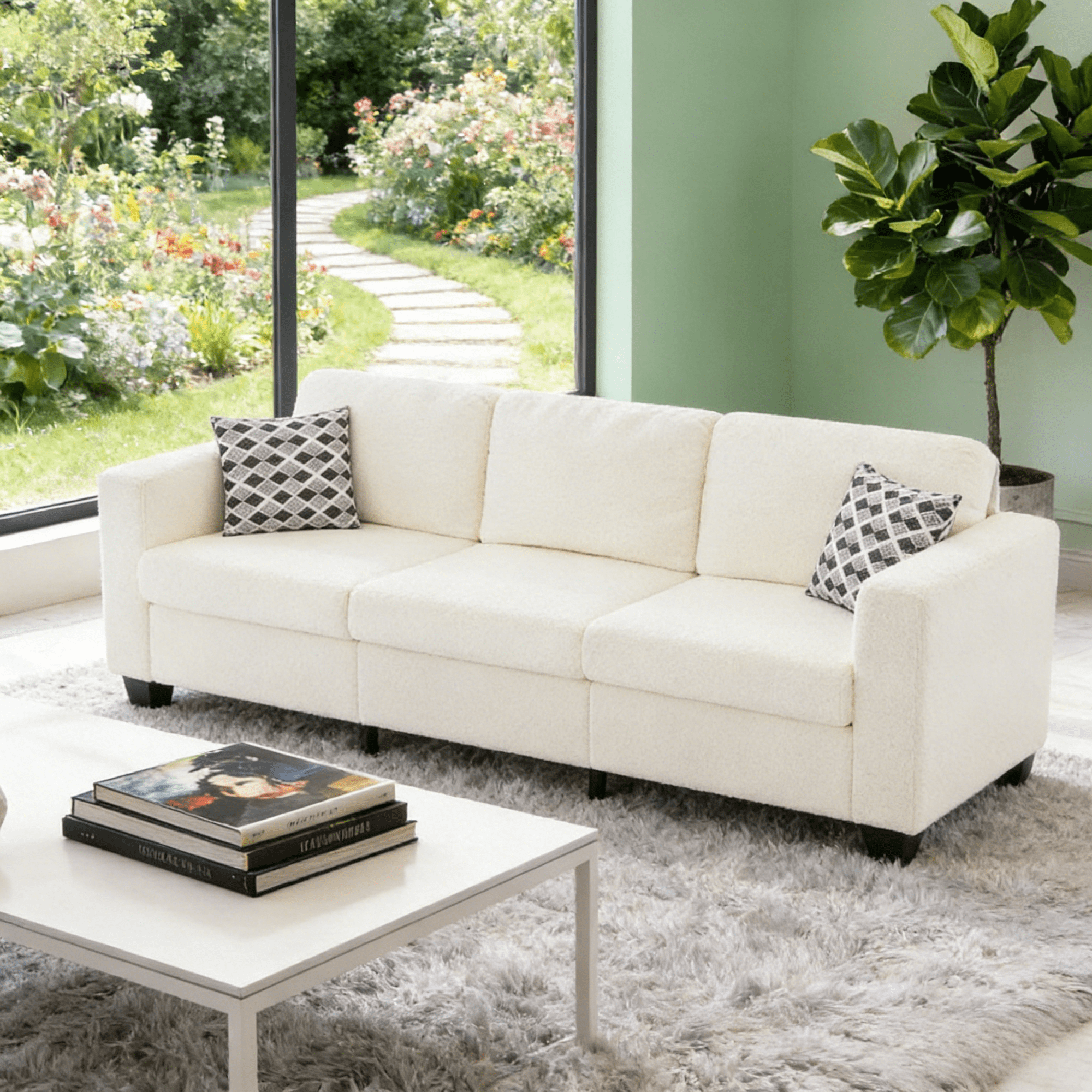 Gewnee 86.6”Teddy Velvet Sofa Couch,Comfy Extra Deep Seat 3 Seater Couches for Living Room with 2 Pillows.Beige