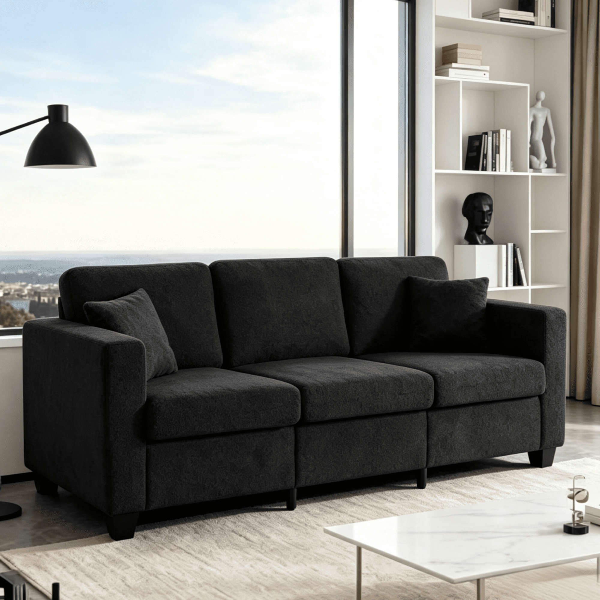 Gewnee 86.6"Deep Seat Couch with Wide Armrest,3-Seat Sofa Couch with Throw Pillows,Oversized Sofa for Living Rooms and Offices(Black)