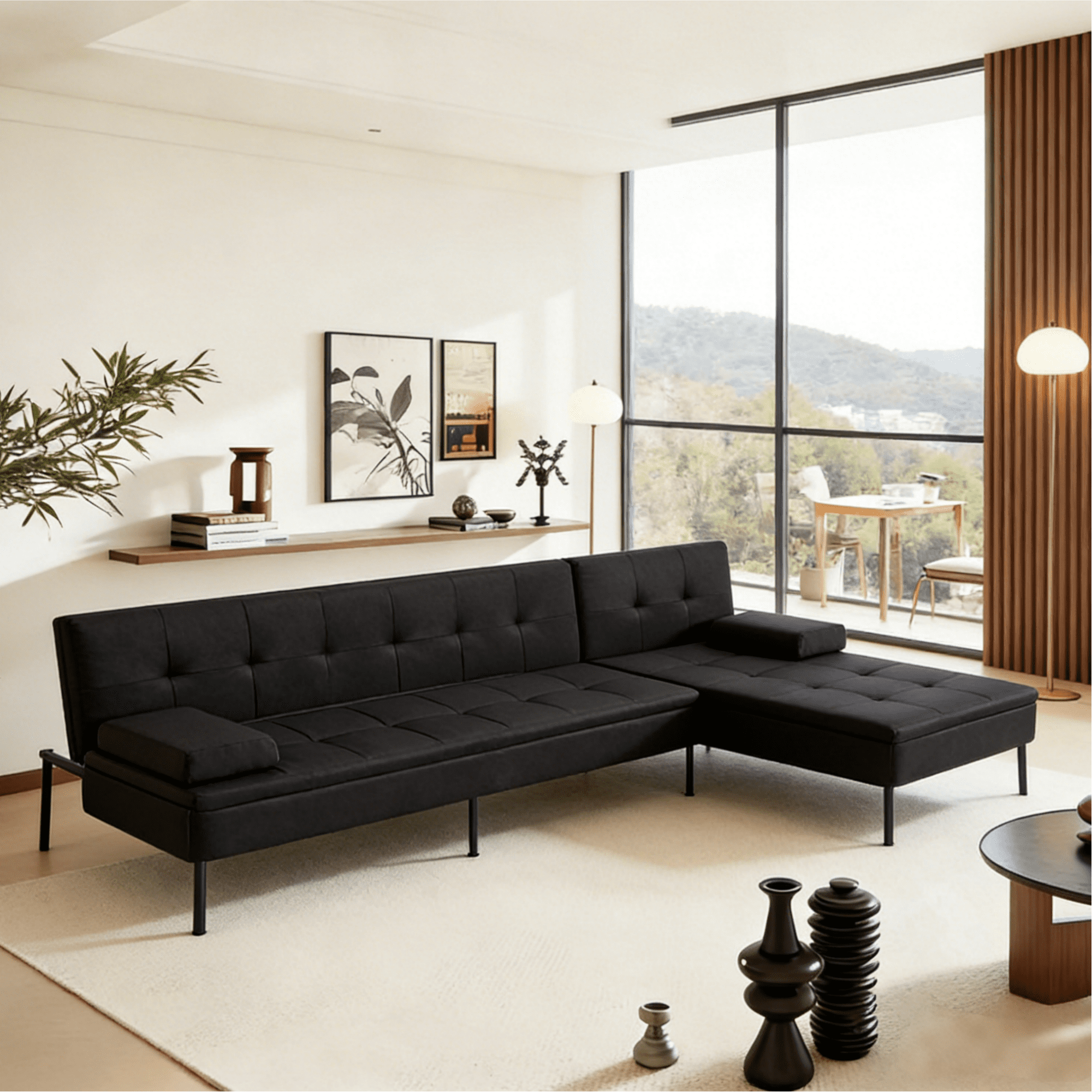 Gewnee 89.4”Convertible L-shaped Sofa with Reversible Chaise Futon Sofa Bed,Suitable for Office and Living Rooms.Black