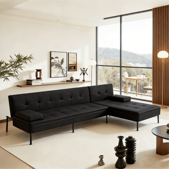 Gewnee 89.4”Convertible L-shaped Sofa with Reversible Chaise Futon Sofa Bed,Suitable for Office and Living Rooms.Black