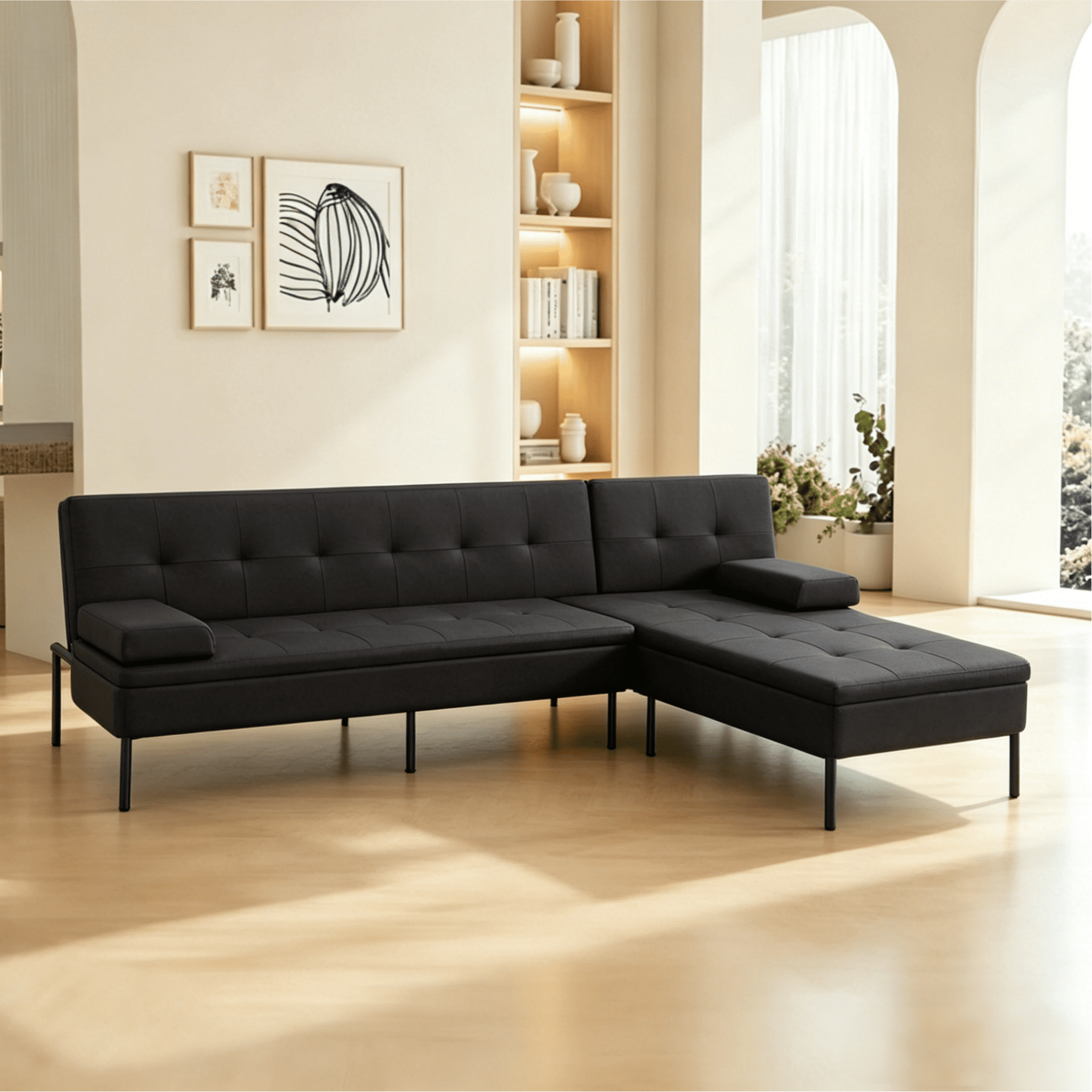 Gewnee 89.4” Sofa Sleeper Bed L-Shaped Sectional Couches,Convertible Sofa Bed for Living Room,Apartment（Black）