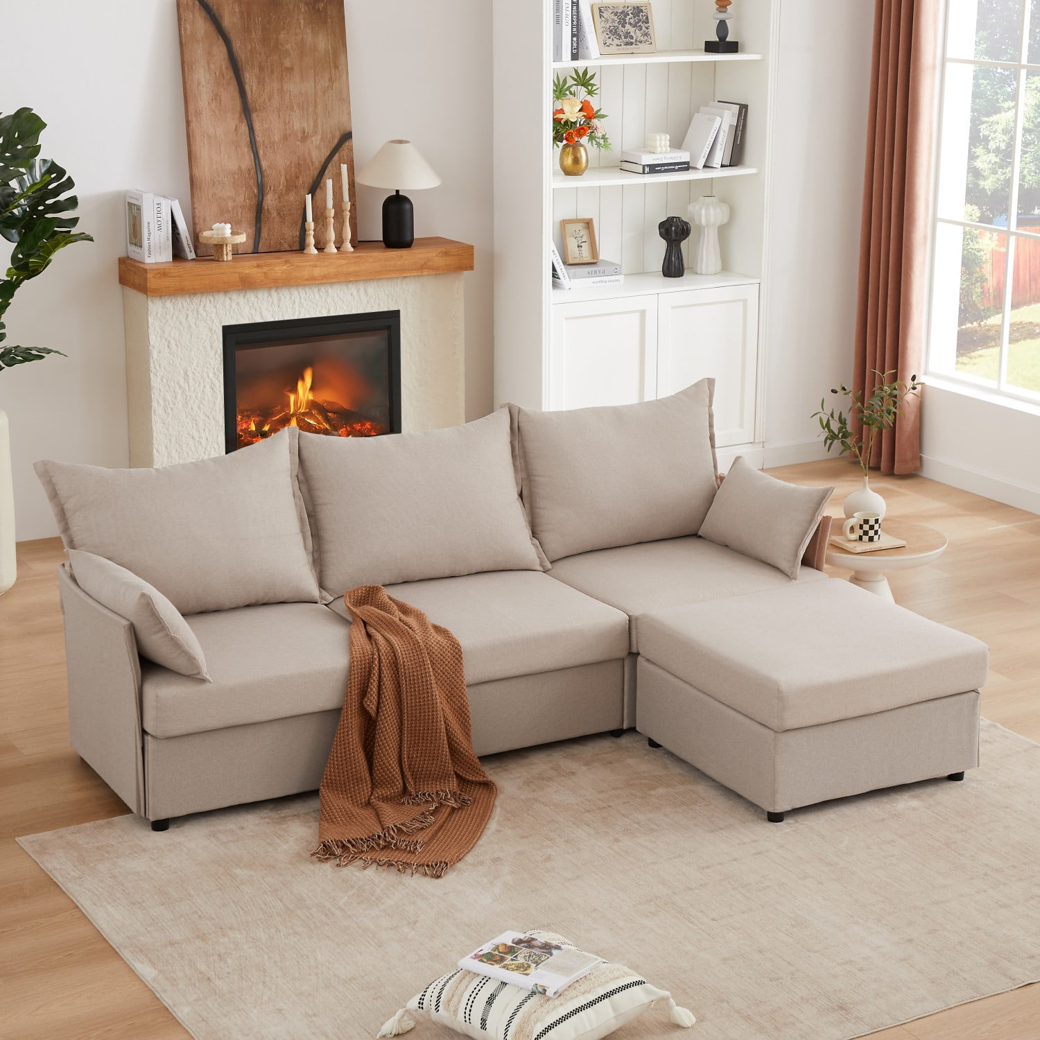 Gewnee 93.7” Modular Sectional Deep Seat Sofa with Ottoman & Chaise, L-Shaped 3-Seat Couch for Living Room(Beige)