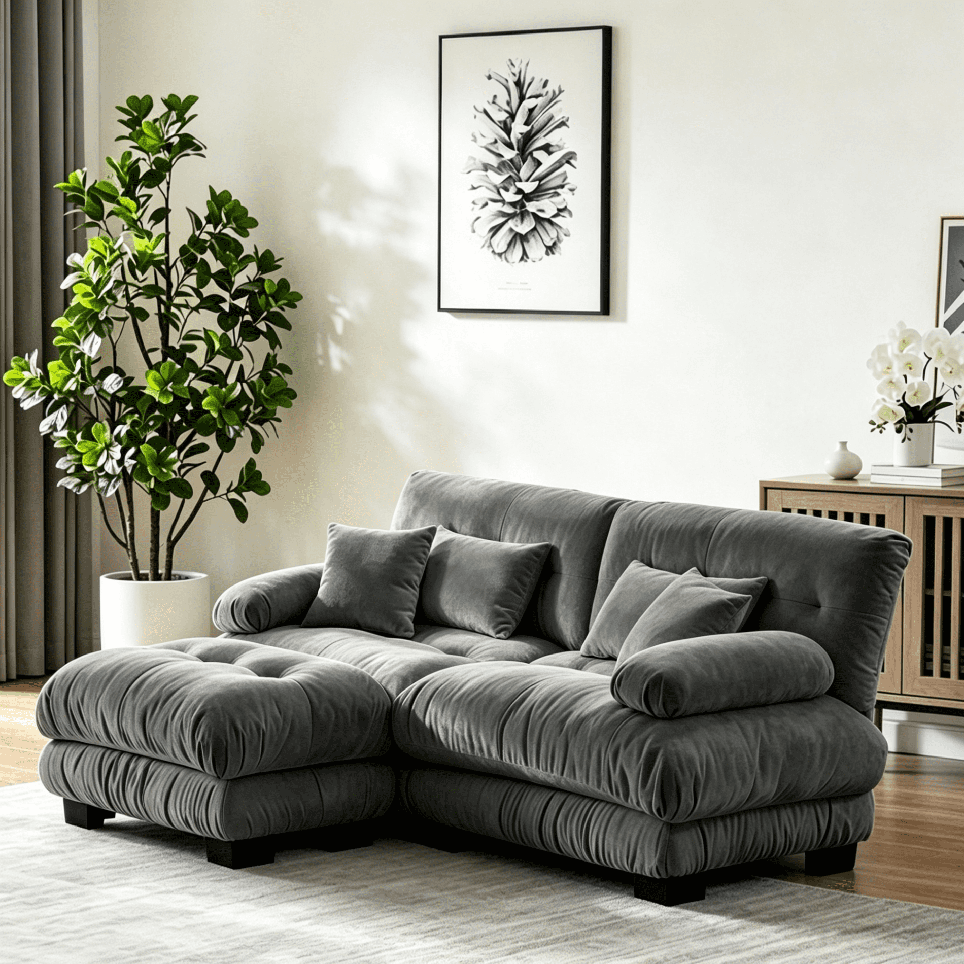Gewnee 94.4" Chenille Cloud Couch 2-Seater Sectional Sofa, Soft Upholstered Sofa with Ottoman, 2 Lumbar Pillows & 2 Throw Pillows for Living Room, Gray