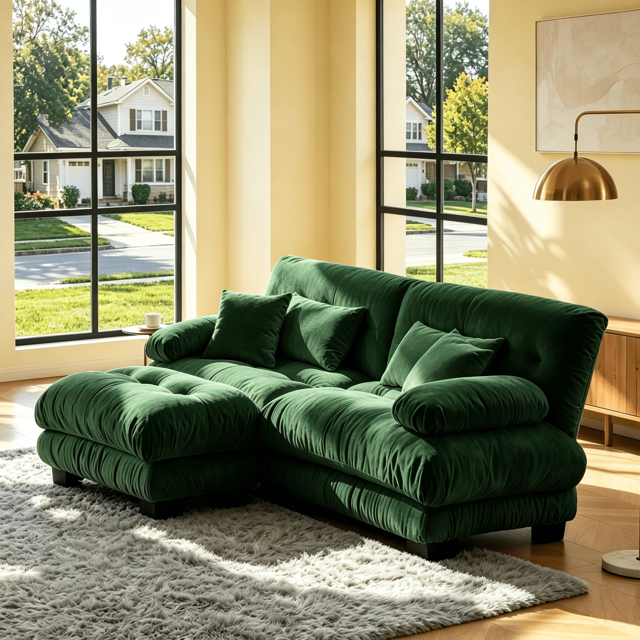 Gewnee 94.4" Chenille Cloud Couch 2-Seater Sectional Sofa, Soft Upholstered Sofa with Ottoman, 2 Lumbar Pillows & 2 Throw Pillows for Living Room, Green