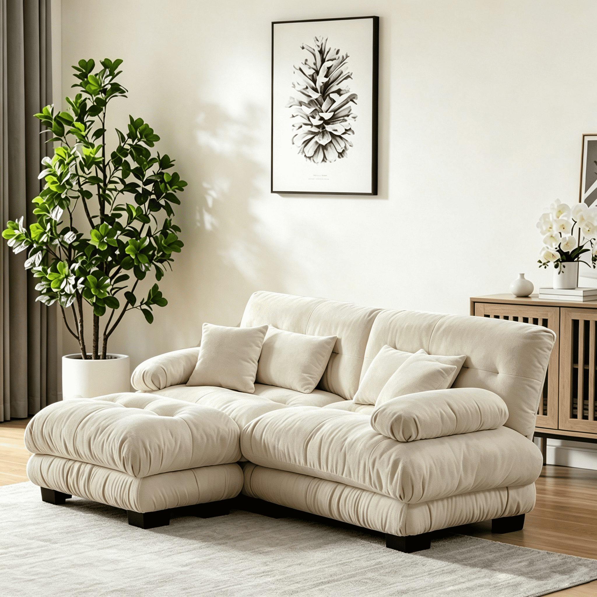Gewnee 94.4" Chenille Cloud Couch 2-Seater Sectional Sofa, Soft Upholstered Sofa with Ottoman, 2 Lumbar Pillows & 2 Throw Pillows for Living Room,Light Coffee