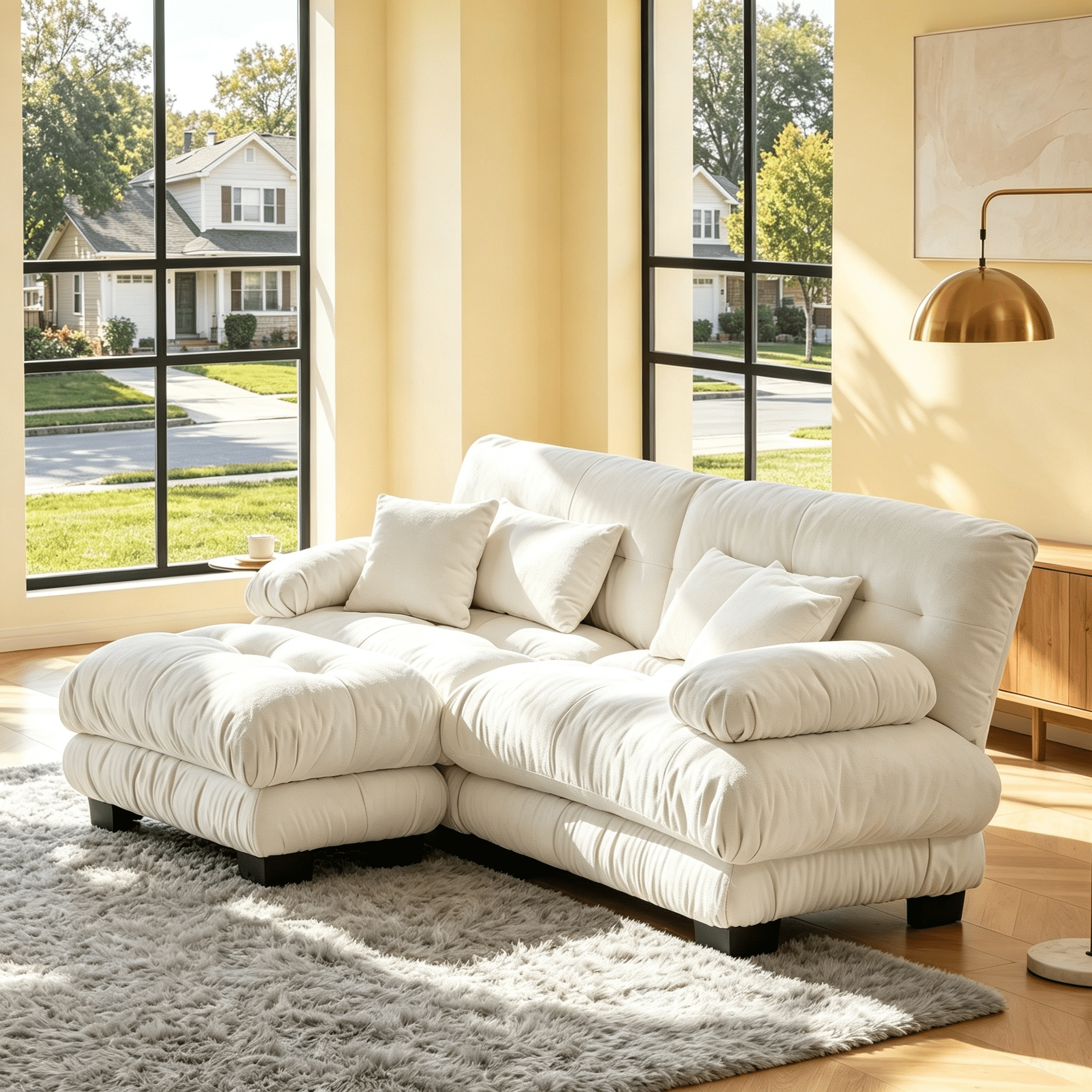 Gewnee 94.4" Chenille Cloud Couch 2-Seater Sectional Sofa, Soft Upholstered Sofa with Ottoman, 2 Lumbar Pillows & 2 Throw Pillows for Living Room, White