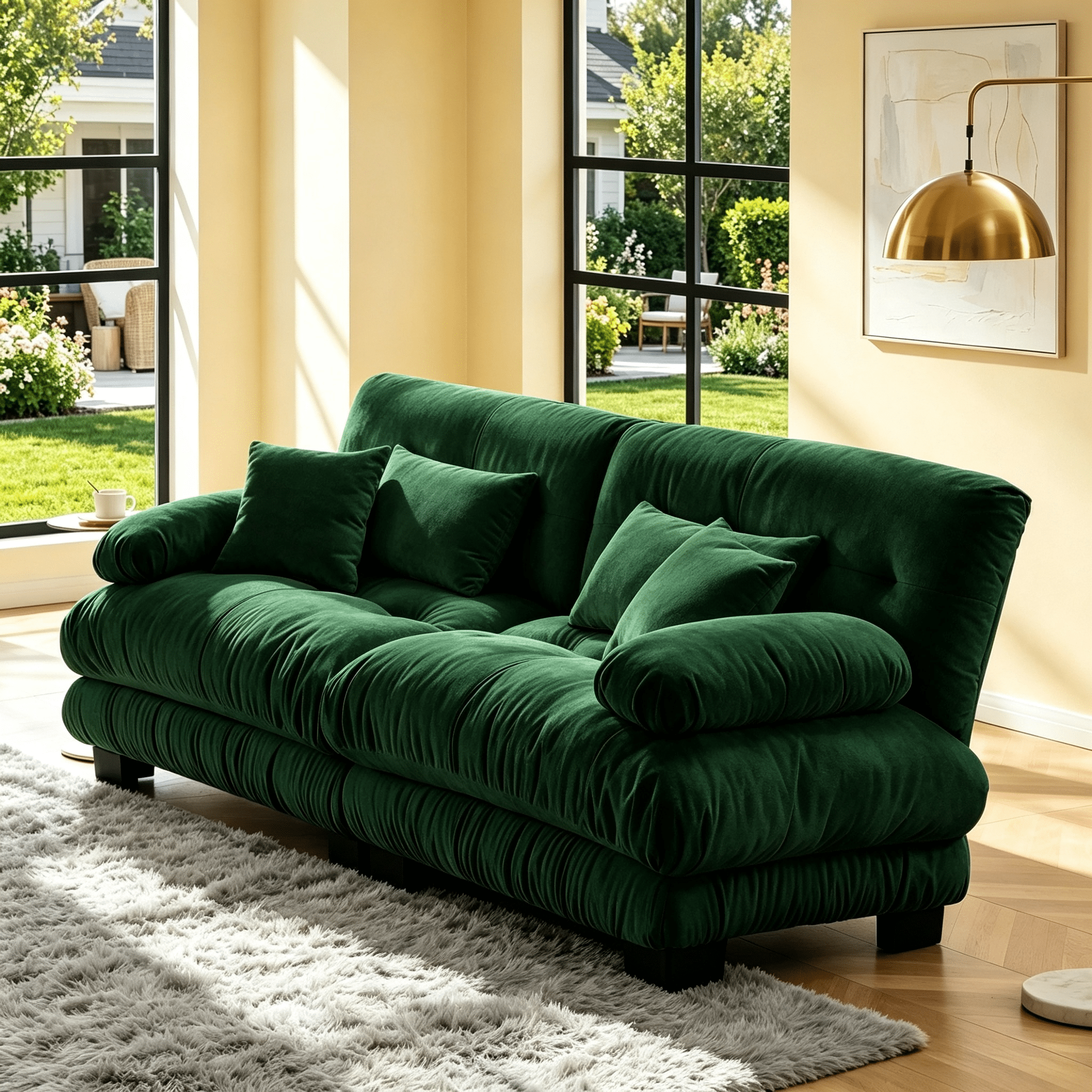 Gewnee 94.4" Chenille Cloud Couch 2-Seater Sectional Sofa, Soft Upholstered Sofa with 2 Lumbar Pillows & 2 Throw Pillows for Living Room, Green