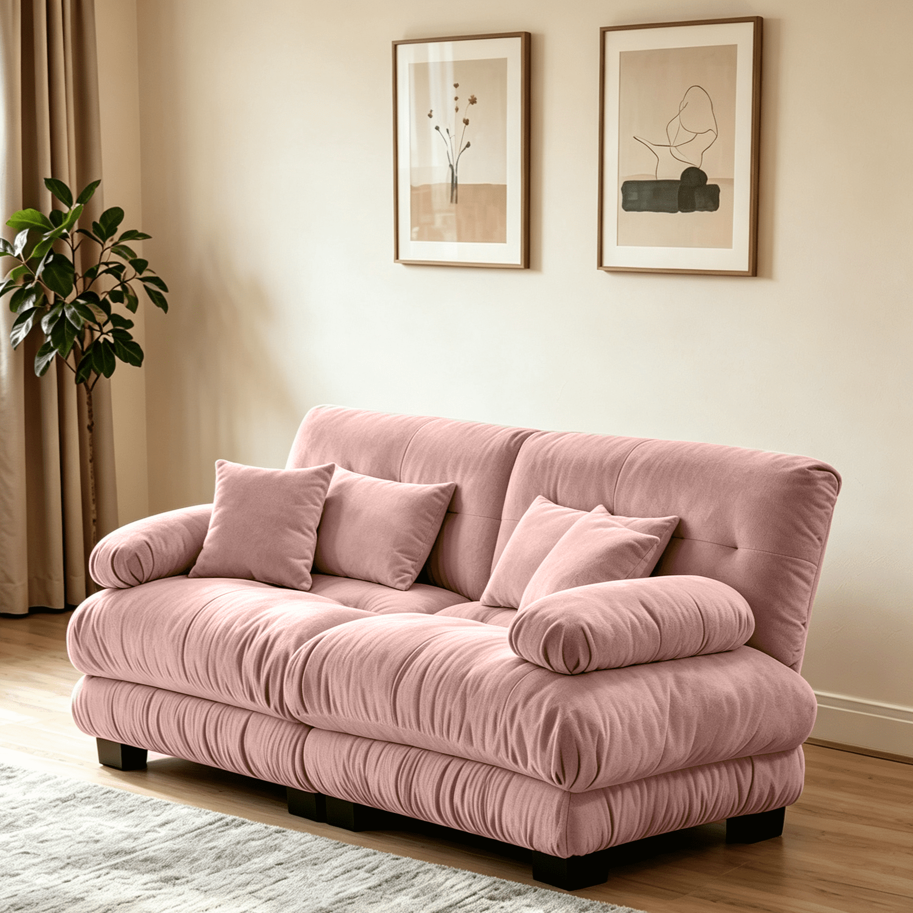 Gewnee 94.4" Chenille Cloud Couch 2-Seater Sectional Sofa, Soft Upholstered Sofa with 2 Lumbar Pillows & 2 Throw Pillows for Living Room, Pink