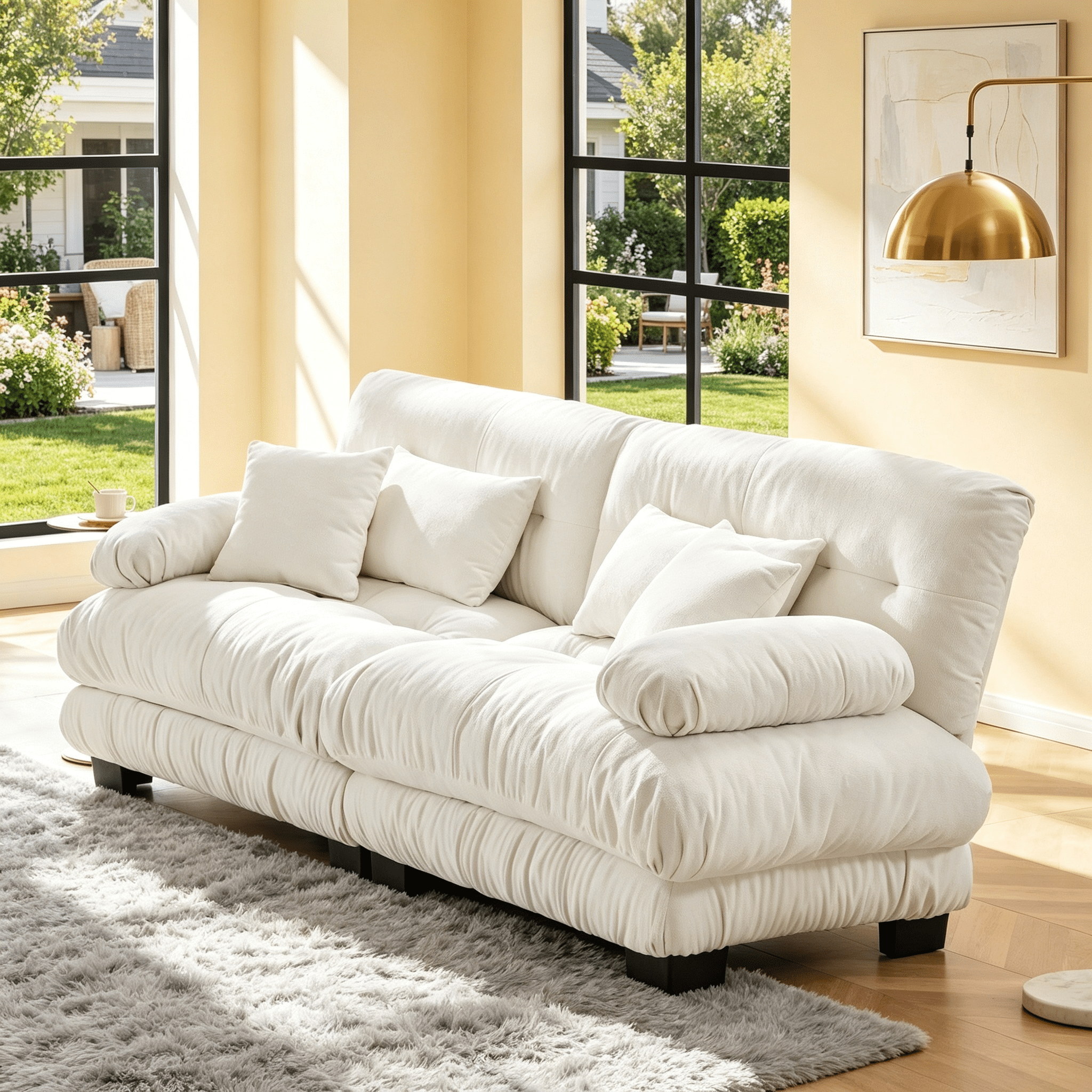 Gewnee 94.4" Chenille Cloud Couch 2-Seater Sectional Sofa, Soft Upholstered Sofa with 2 Lumbar Pillows & 2 Throw Pillows for Living Room, White