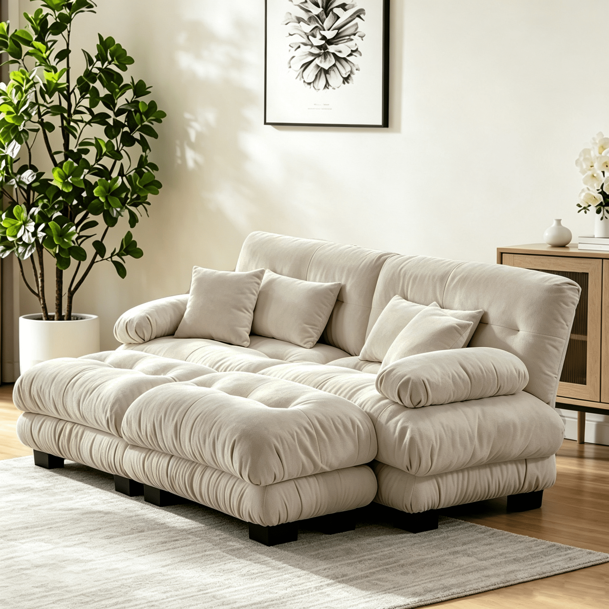 Gewnee 94.4" Chenille Cloud Couch 2-Seater Soft Upholstered Sectional Sofa with 2 Ottomans, 2 Lumbar Pillows & 2 Throw Pillows for Living Room, Light Coffee