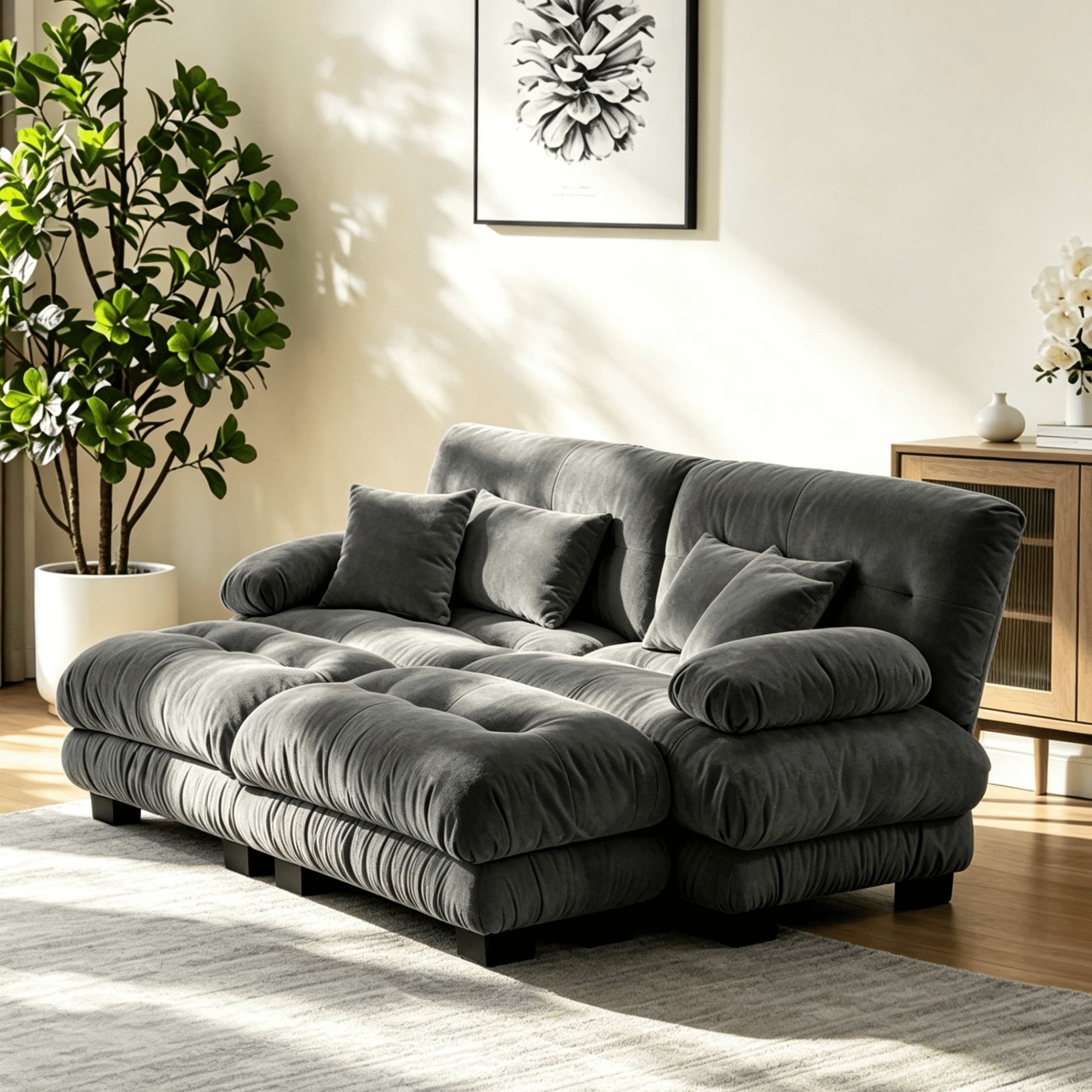Gewnee 94.4" Chenille Cloud Couch 2-Seater Soft Upholstered Sectional Sofa with 2 Ottomans, 2 Lumbar Pillows & 2 Throw Pillows for Living Room, Gray