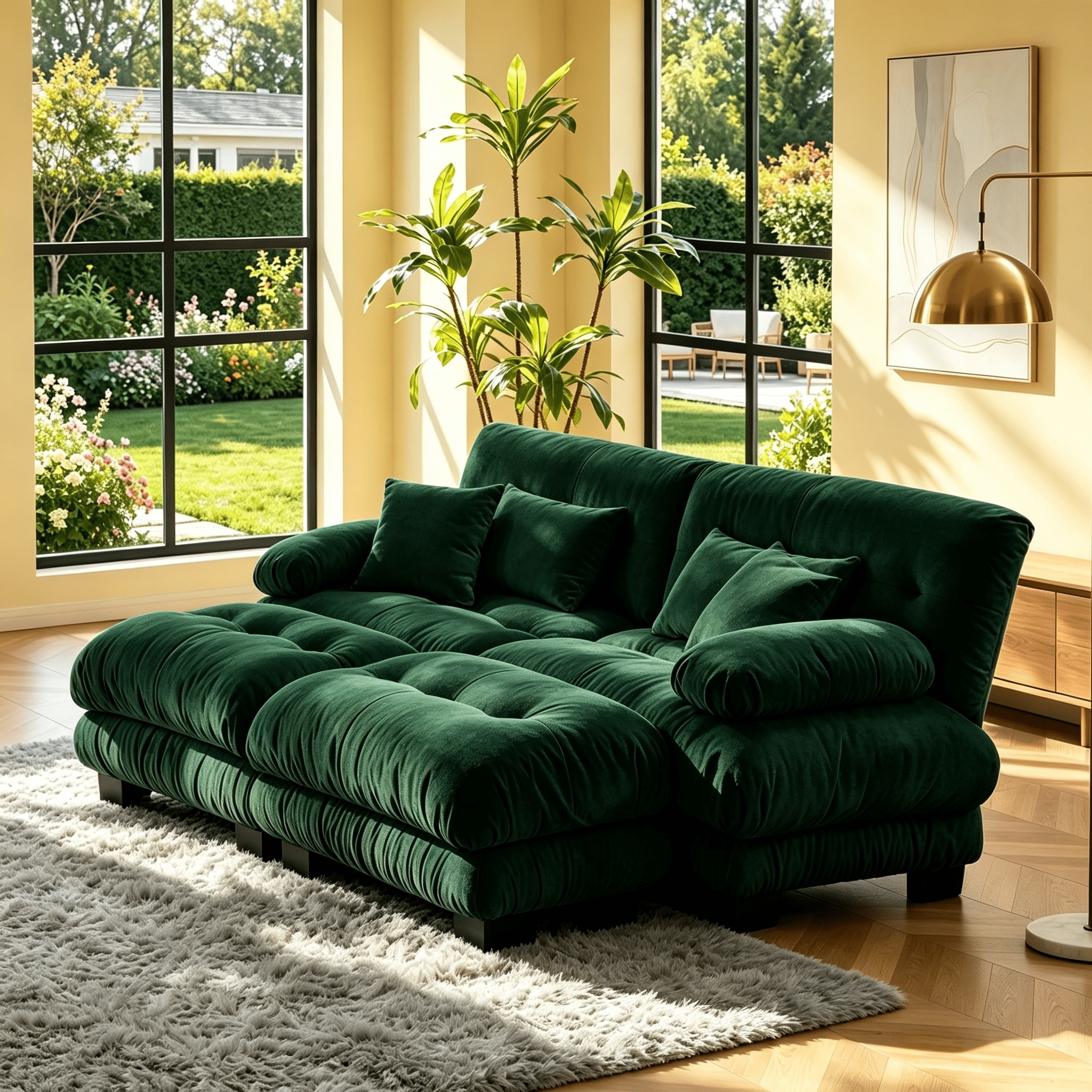 Gewnee 94.4" Chenille Cloud Couch 2-Seater Soft Upholstered Sectional Sofa with 2 Ottomans, 2 Lumbar Pillows & 2 Throw Pillows for Living Room, Green
