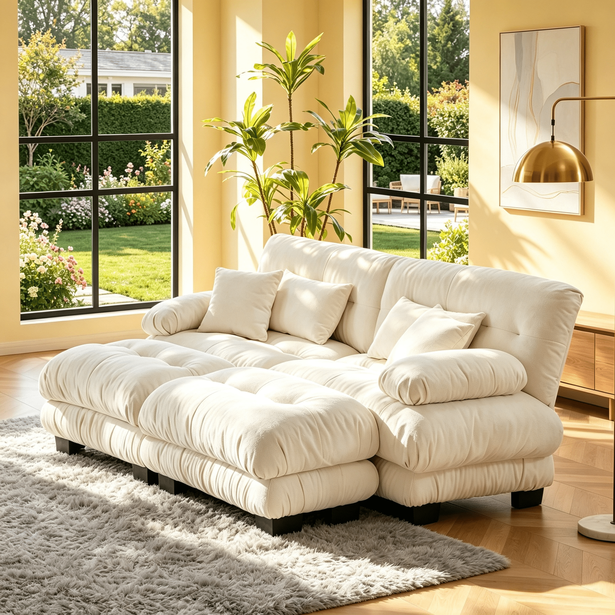 Gewnee 94.4" Chenille Cloud Couch 2-Seater Soft Upholstered Sectional Sofa with 2 Ottomans, 2 Lumbar Pillows & 2 Throw Pillows for Living Room, White