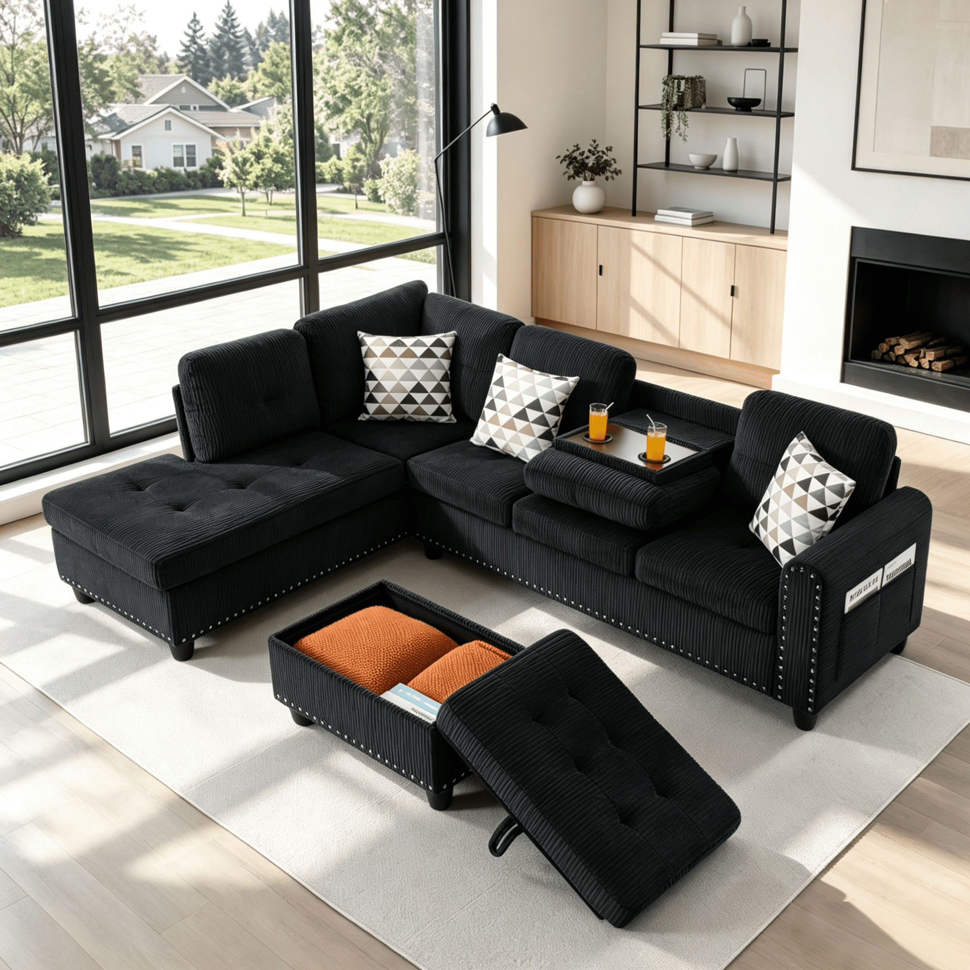 Gewnee 94.49"Modular Sectional Sofa with Storage Ottoman,L-Shaped Comfort Sofa with Cup Holders & Nailhead Trim,Modern Corduroy Couch for Living Room.Black