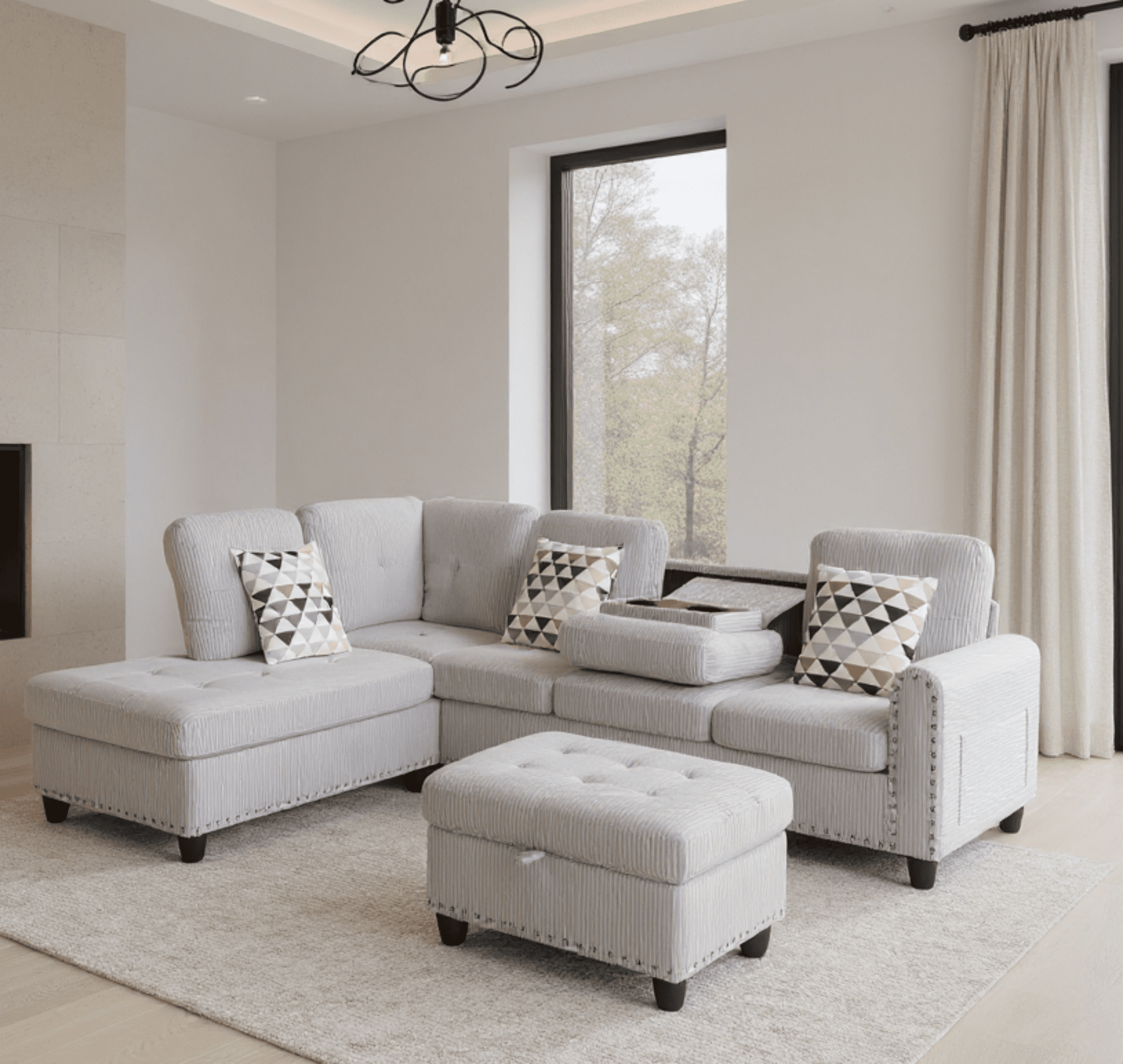 Gewnee 94.49” L-Shaped Modular Sectional Sofa with Nail Head-Design, with Storage Ottoman& 3 Headrests & 2 Built-in Cup Holders, Suitable for Living Rooms, Offices and Reception Rooms.Light Grey