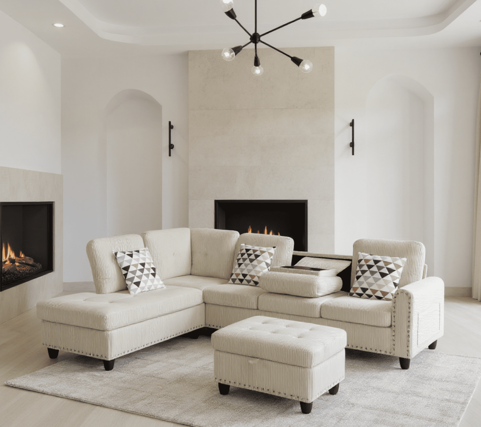 Gewnee 94.49” L-Shaped Modular Sectional Sofa with Nail Head-Design, with Storage Ottoman& 3 Headrests & 2 Built-in Cup Holders, Suitable for Living Rooms, Offices and Reception Rooms.Beige