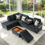 Gewnee 94.49”L‑Shaped Couch,Corduroy Modular Sectional Sofa with Storage Ottoman,Cup Holders,Nailhead Trim,6 Seat Sofa Couch with Pillows for Living Room,Office.Dark Grey
