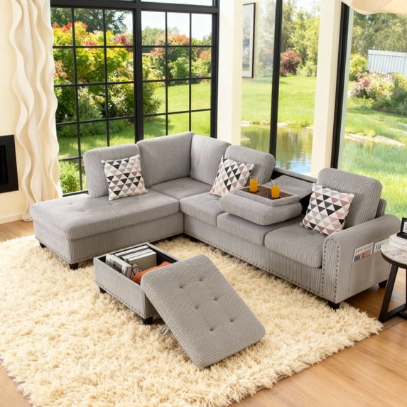 Gewnee 94.49" L-shaped Modular Fabric Sofa Set with Storage Ottoman and Cup Holders & throw pillows.Suitable for Living Rooms,Offices and Reception Rooms.Light Grey