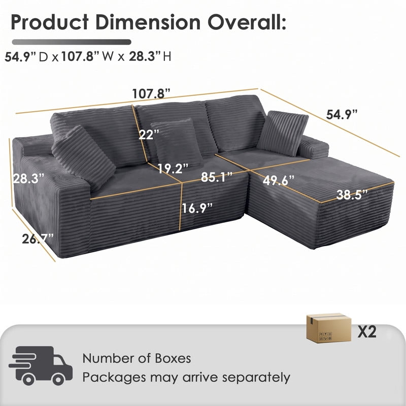 Gewnee 107.8" Boneless Couch, Cloud Couch Modular Sectional Sofa, L-Shaped Boneless Couches for Living Room, Deep Seat Sleeper Sofa