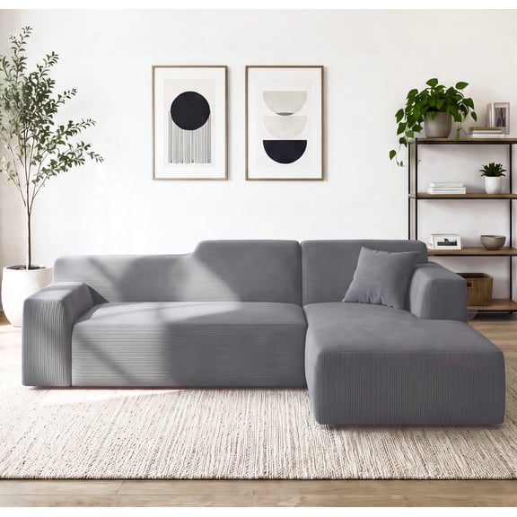Gewnee 96" L-Shaped Sectional Sofa, Modern Corduroy Modular Sofa Couch with Deep Seat, High Back Cloud Couch, Convertible Ottoman Sectional Couch for Living Room, Gray