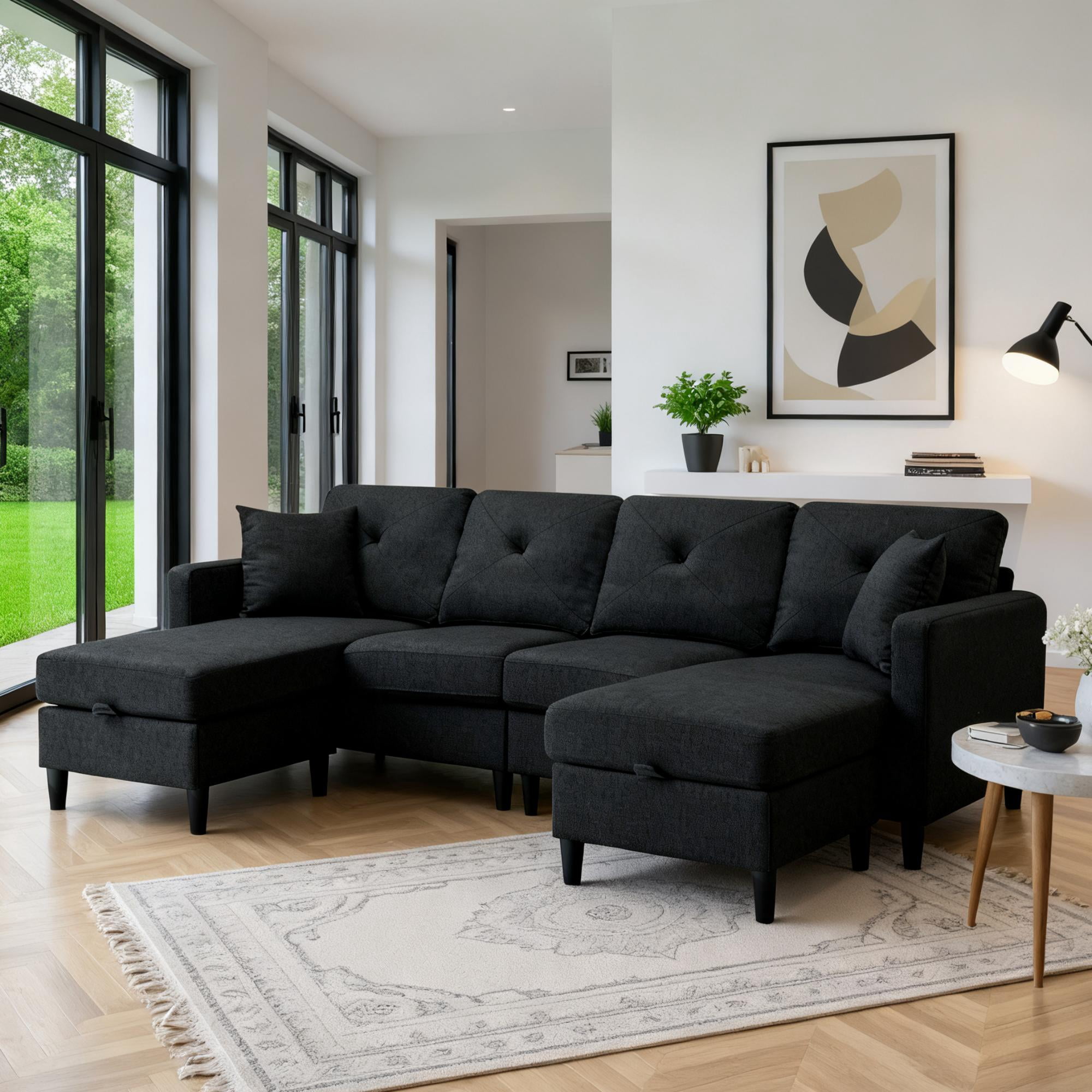 Gewnee 99.2”U-Shaped Modular Modular Combination Sofa with Storage Ottomans,Modern Large-Sized Sofa,Suitable for Living room(Black)