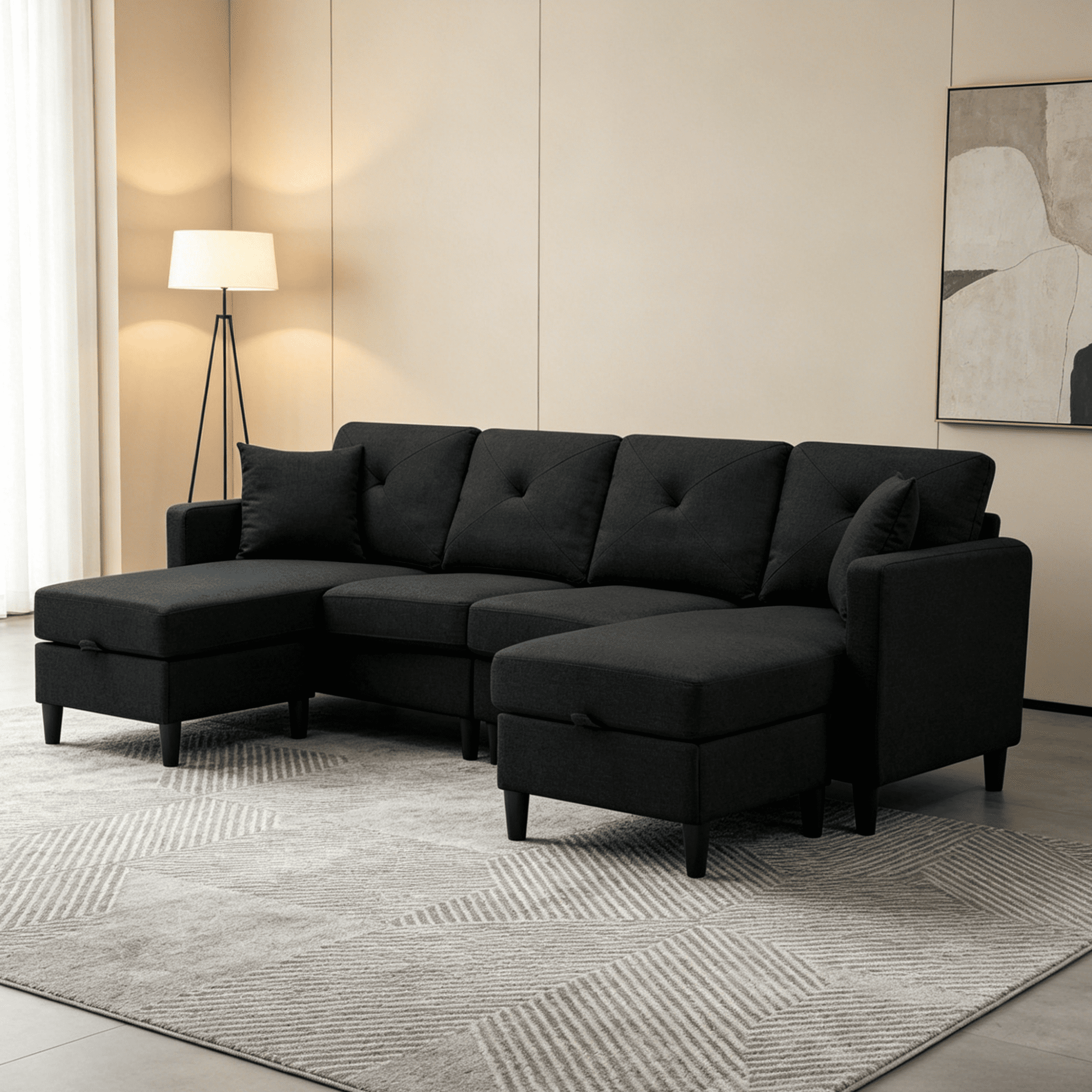 Gewnee 99.2”U-Shaped Modular Sectional Sofa,Movable Storage Ottomans,Removable Washable Cushion Covers,2 Throw Pillows – for Living Room,Bedroom,Office.Black