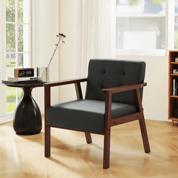 Gewnee Accent Armchair with Wood Frame, Sturdy Cedar Legs, High-Density Foam Seat, Non-Slip Pads, Easy Assembly, for Living Room Bedroom Office, Black PU