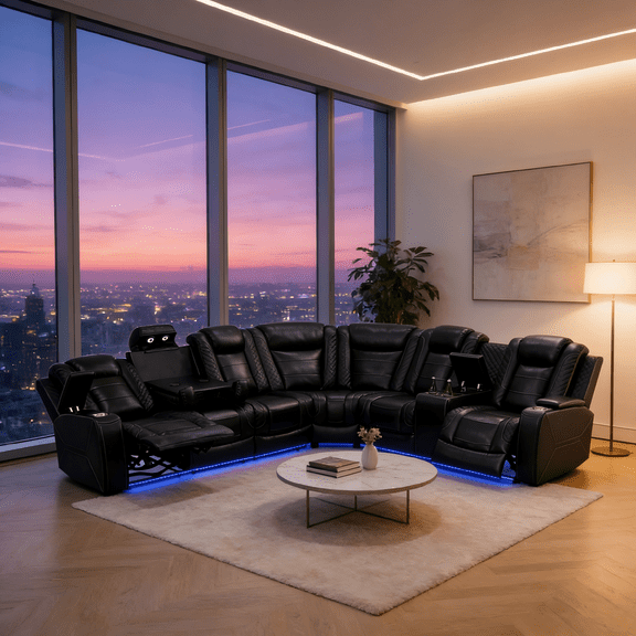 Gewnee Air Leather Oversize Power Recliner Sectional Sofa with Cup Holder for Living Room Office Theater