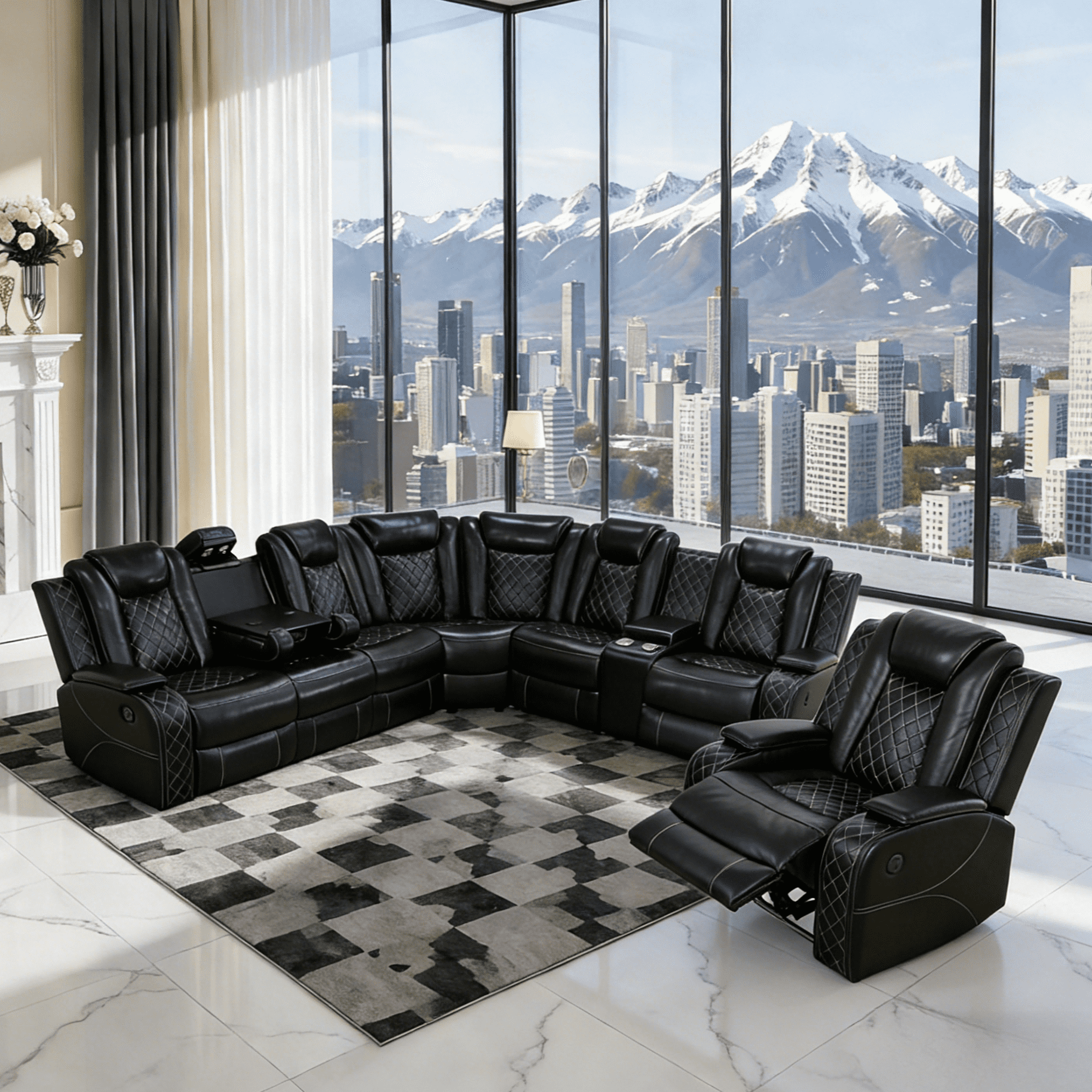 Gewnee Air Leather Power Recliner Corner Sofa with 1-Seat Sofa, Cup Holder, Oversize Sofa Couch for Living Room Home Office Theater Black